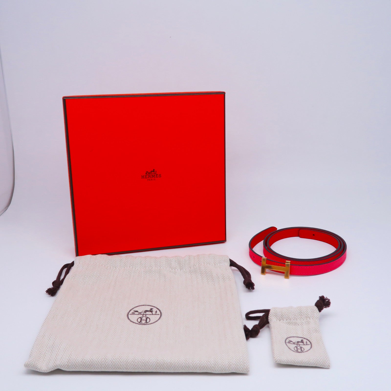 HERMES Epsom/Swift皮革Belt 92cm金扣皮带蕃茄红色/桃色