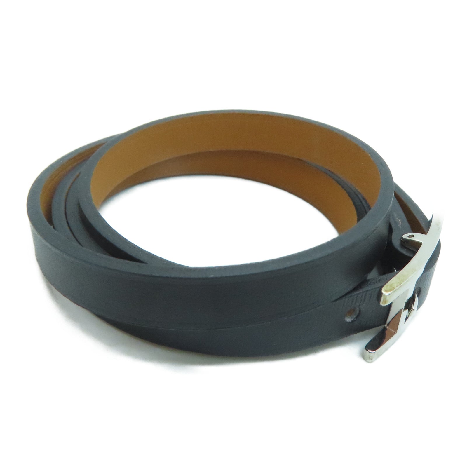 HERMES Swift Leather Behapi Double Tour Silver Buckle Bracelet Black