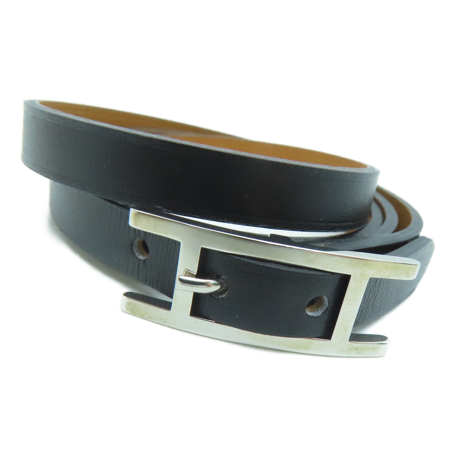 HERMES Swift Leather Behapi Double Tour Silver Buckle Bracelet Black