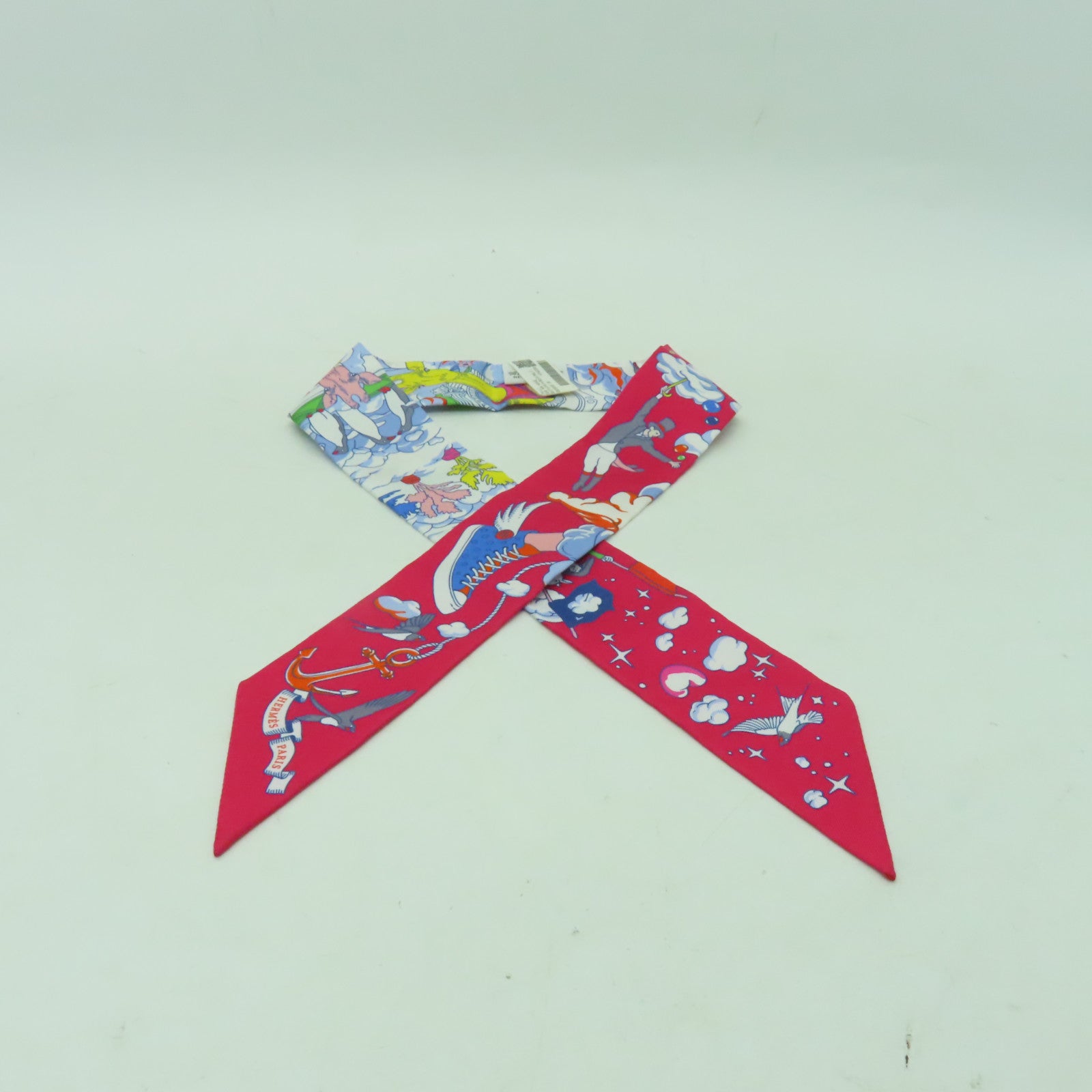 HERMES 絲質Twilly絲巾淺藍色/紅色