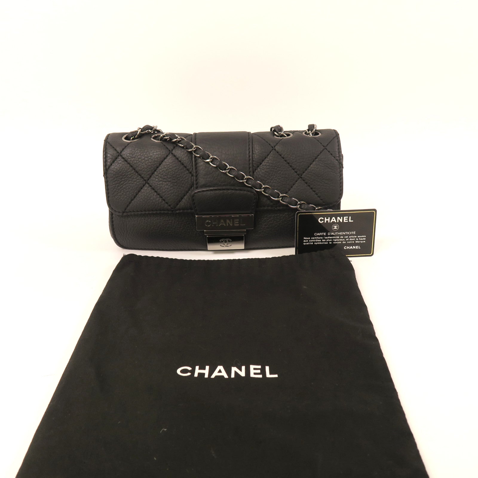CHANEL 牛皮皮革Chain Shoulder銀扣鏈帶肩背袋黑色