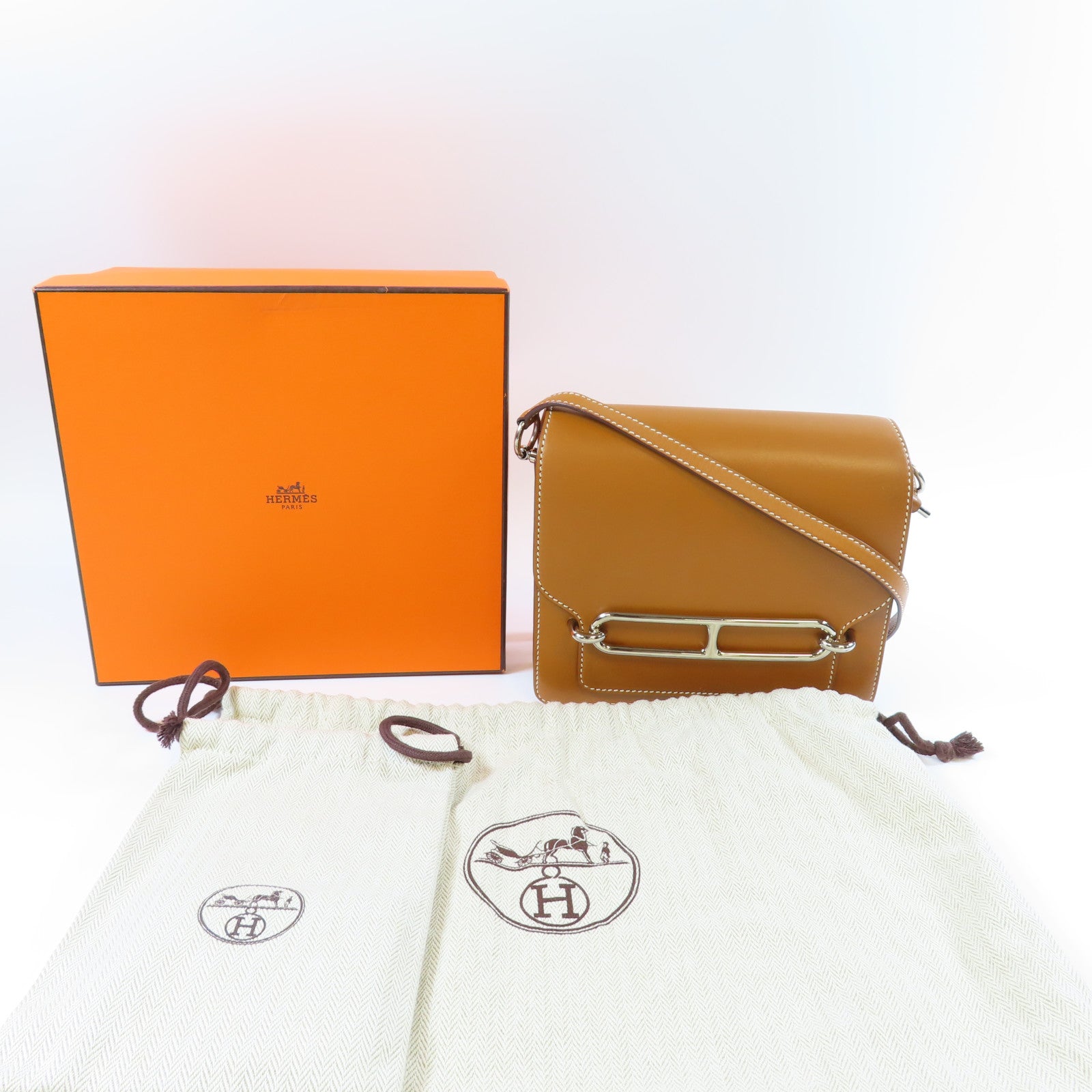 HERMES Barenia皮革Mini Roulis銀扣肩背袋Gold經典駝色