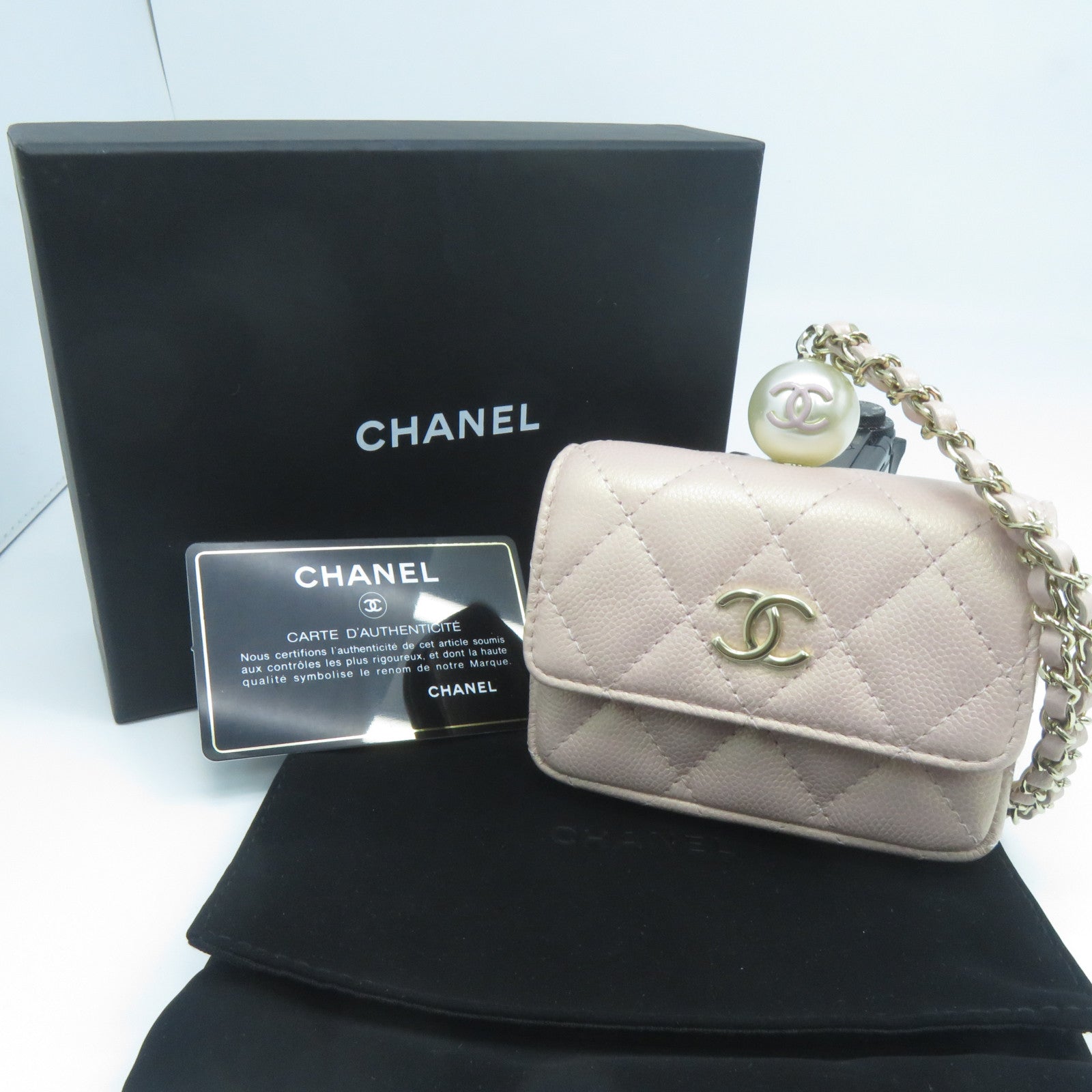 CHANEL 菱格Caviar皮革CC Pearl Card Case With Chain金扣卡片套粉紅色