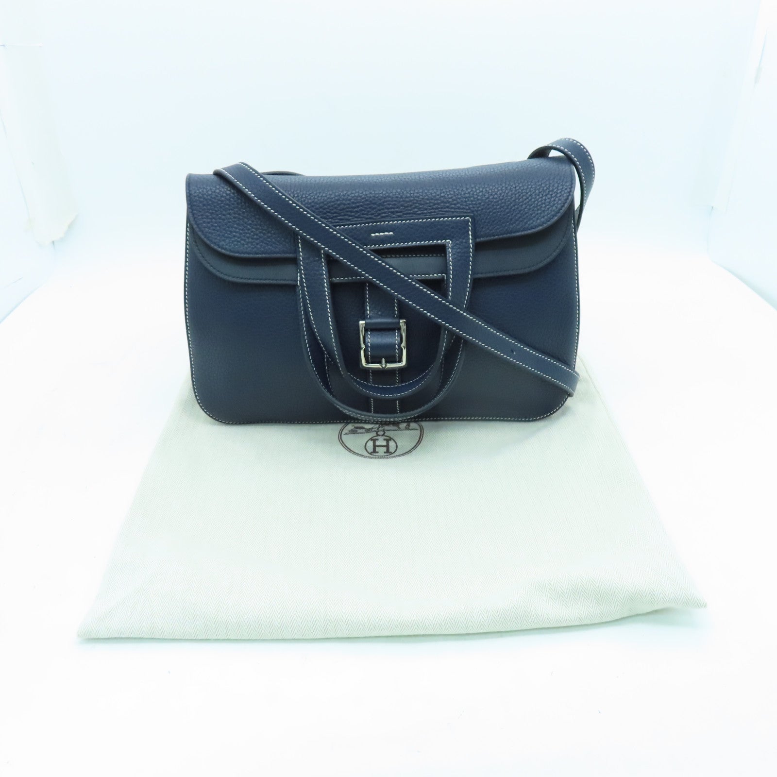 HERMES Taurillon Clemence皮革Halzan 31銀扣手挽肩背兩用袋藍色