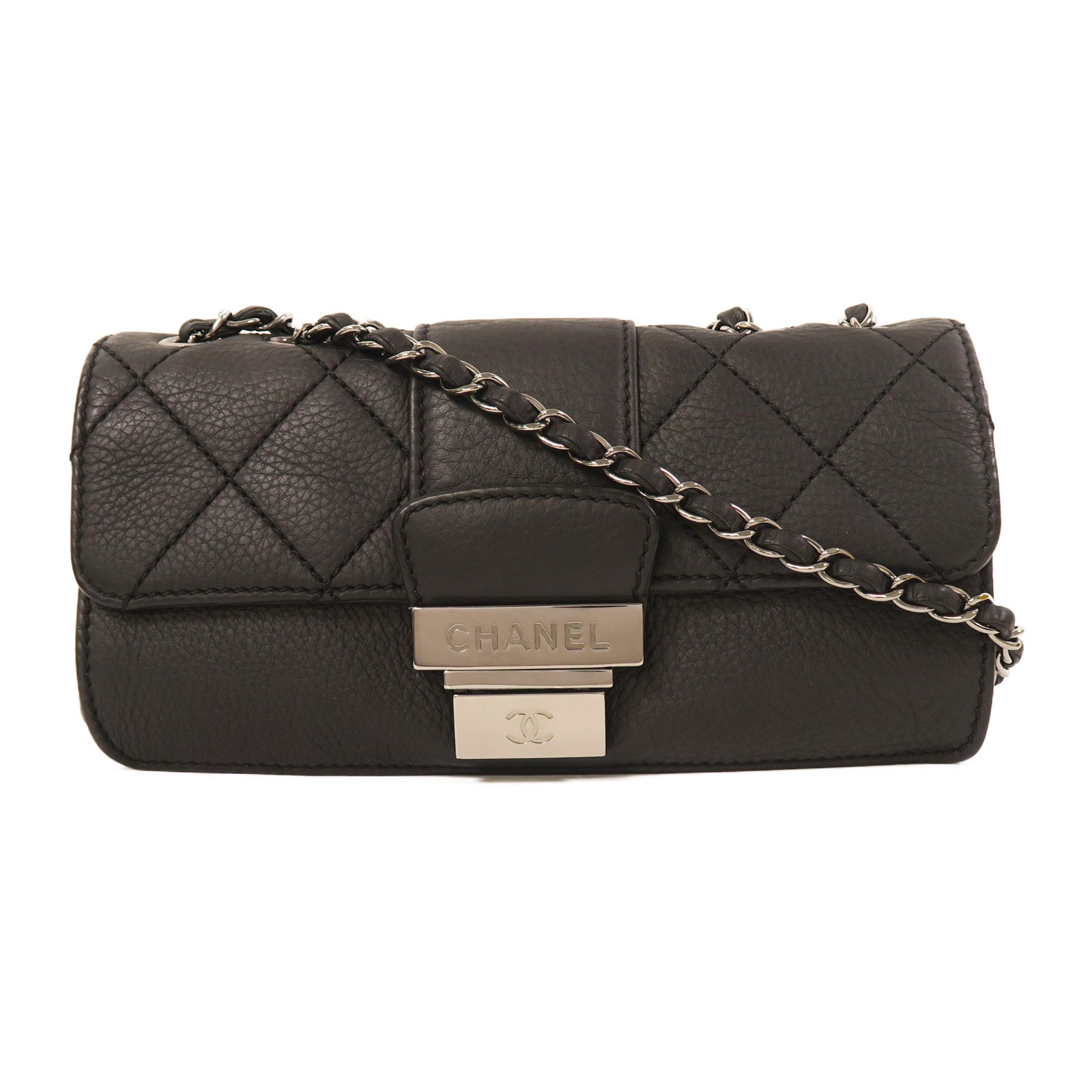 CHANEL 牛皮皮革Chain Shoulder銀扣鏈帶肩背袋黑色