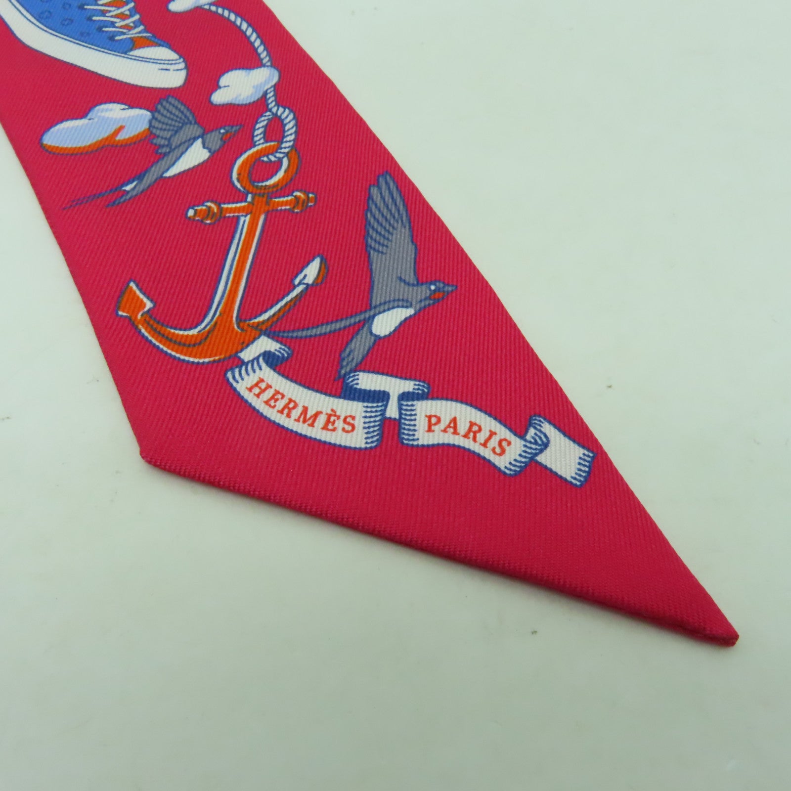 HERMES 絲質Twilly絲巾淺藍色/紅色