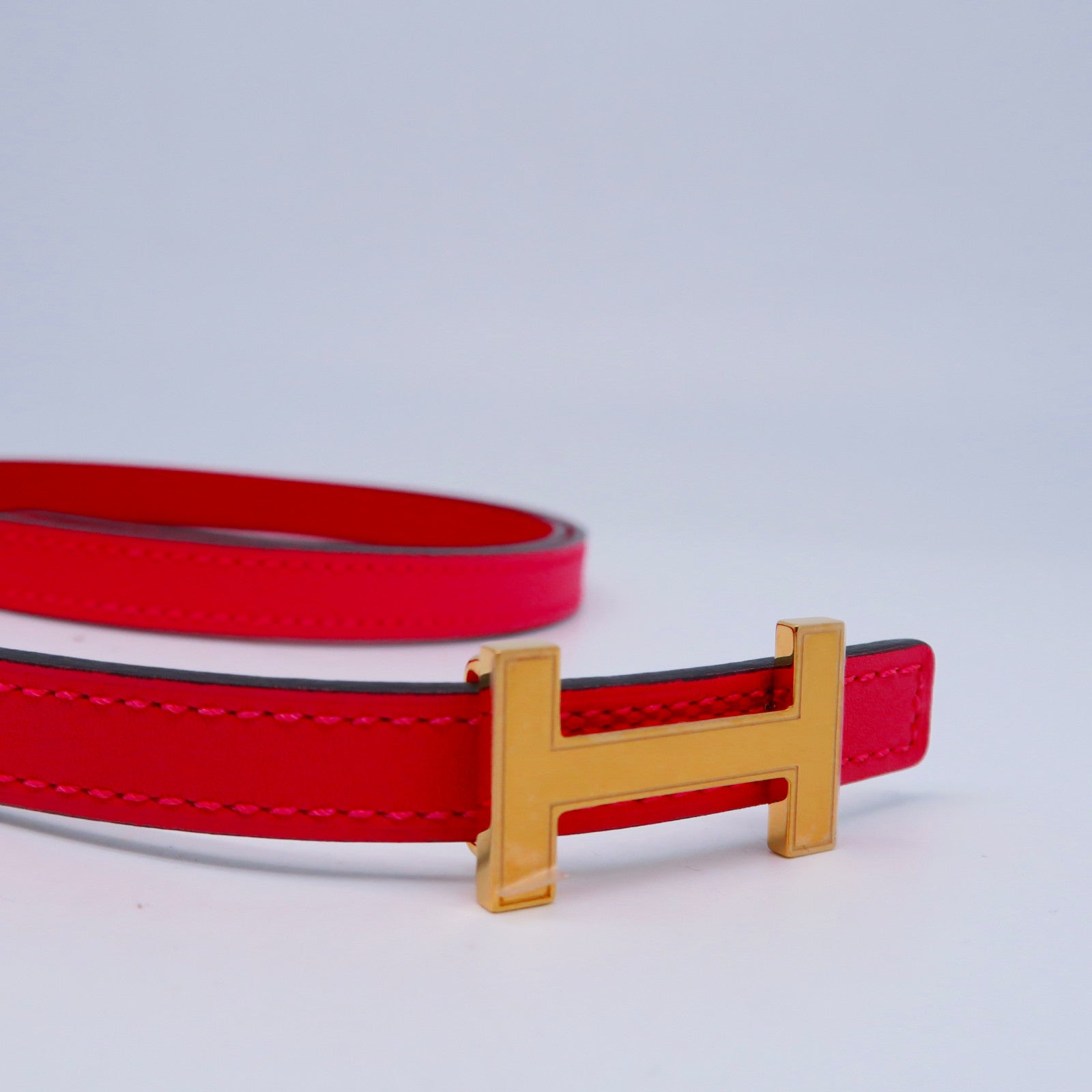 HERMES Epsom/Swift皮革Belt 92cm金扣皮带蕃茄红色/桃色