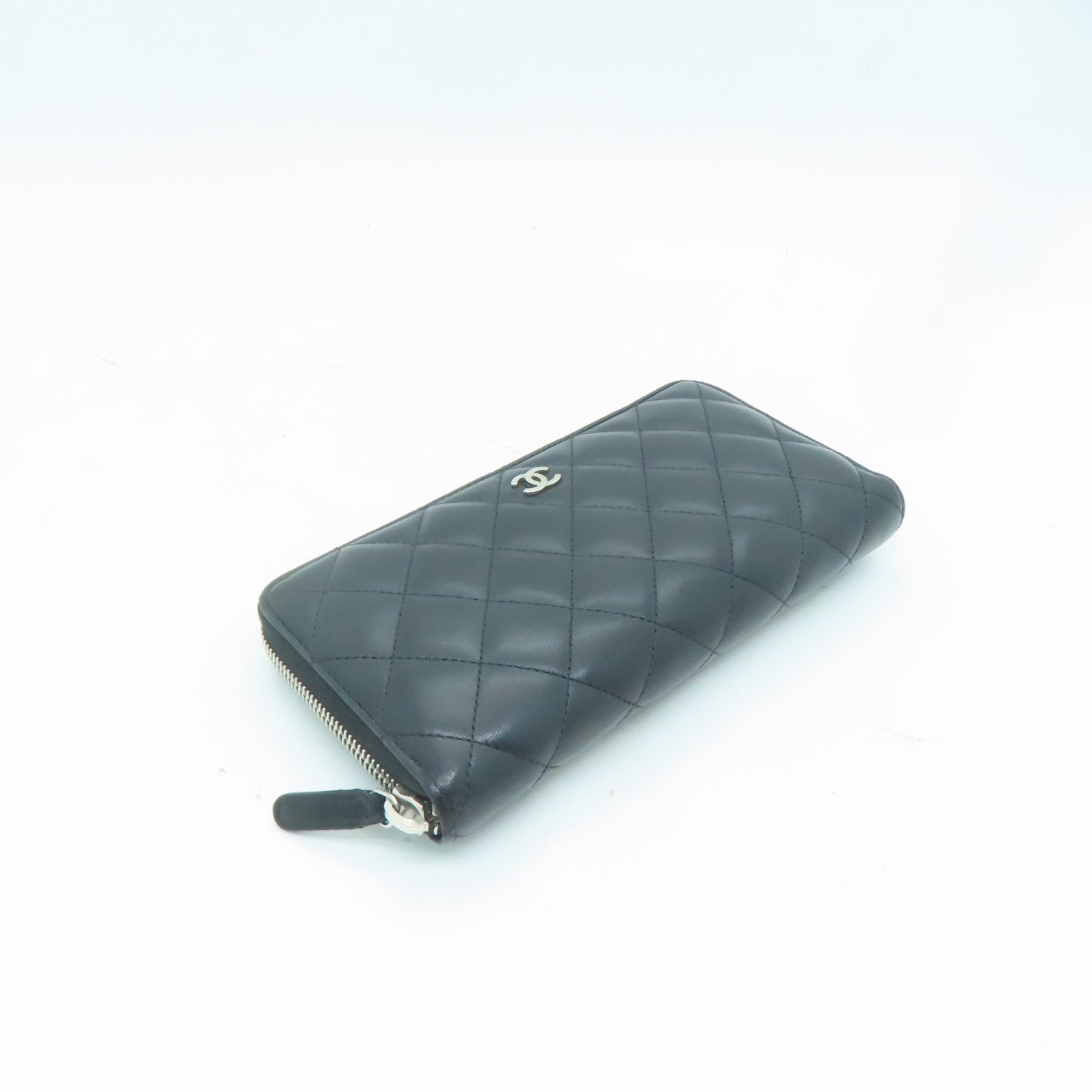 CHANEL 菱格羊皮皮革Long Wallet銀扣長錢包黑色