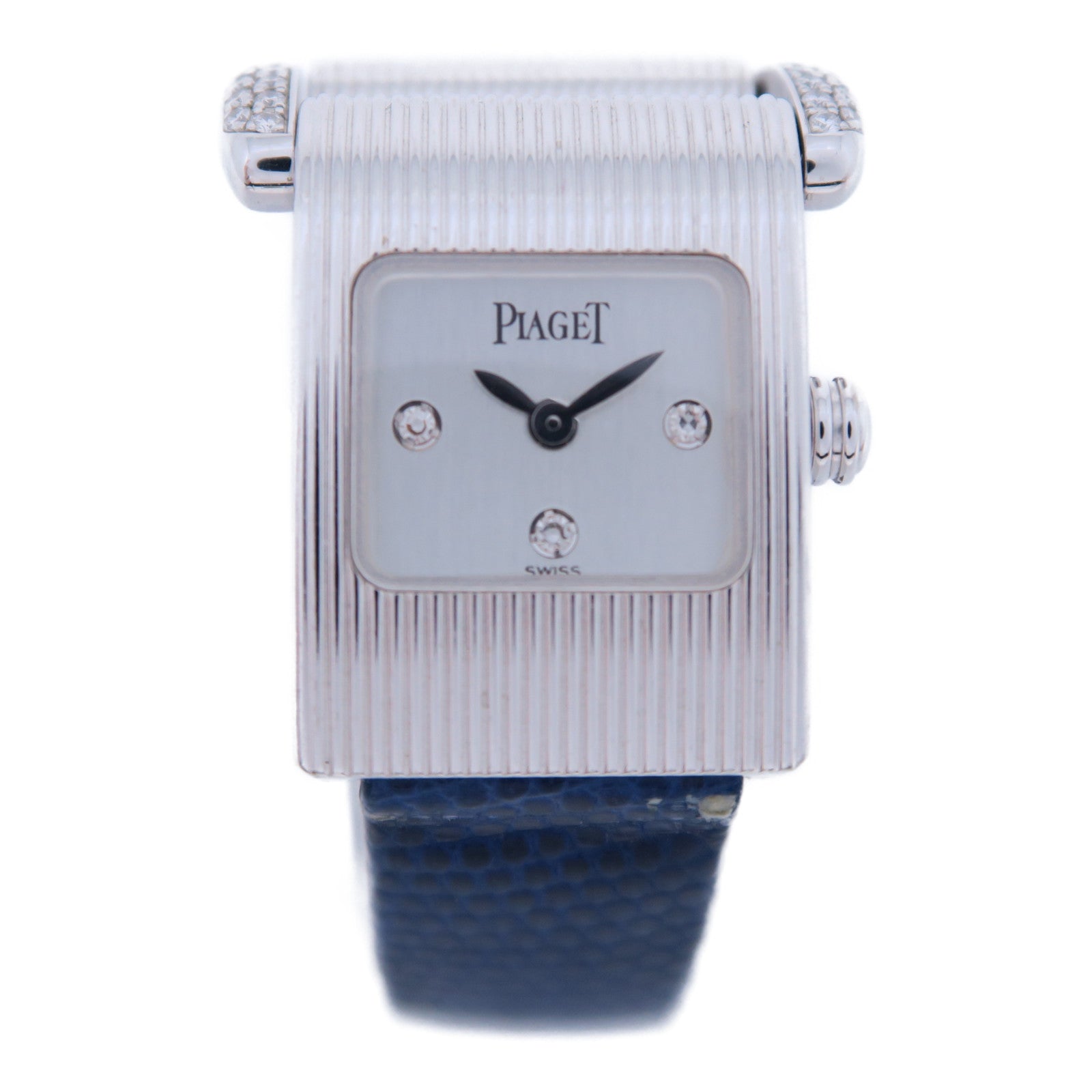 PIAGET 18K白金Protocol石英手錶藍色皮帶#13.5cm