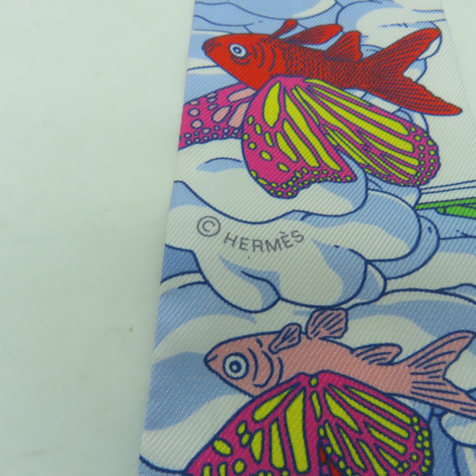 HERMES 絲質Twilly絲巾淺藍色/紅色