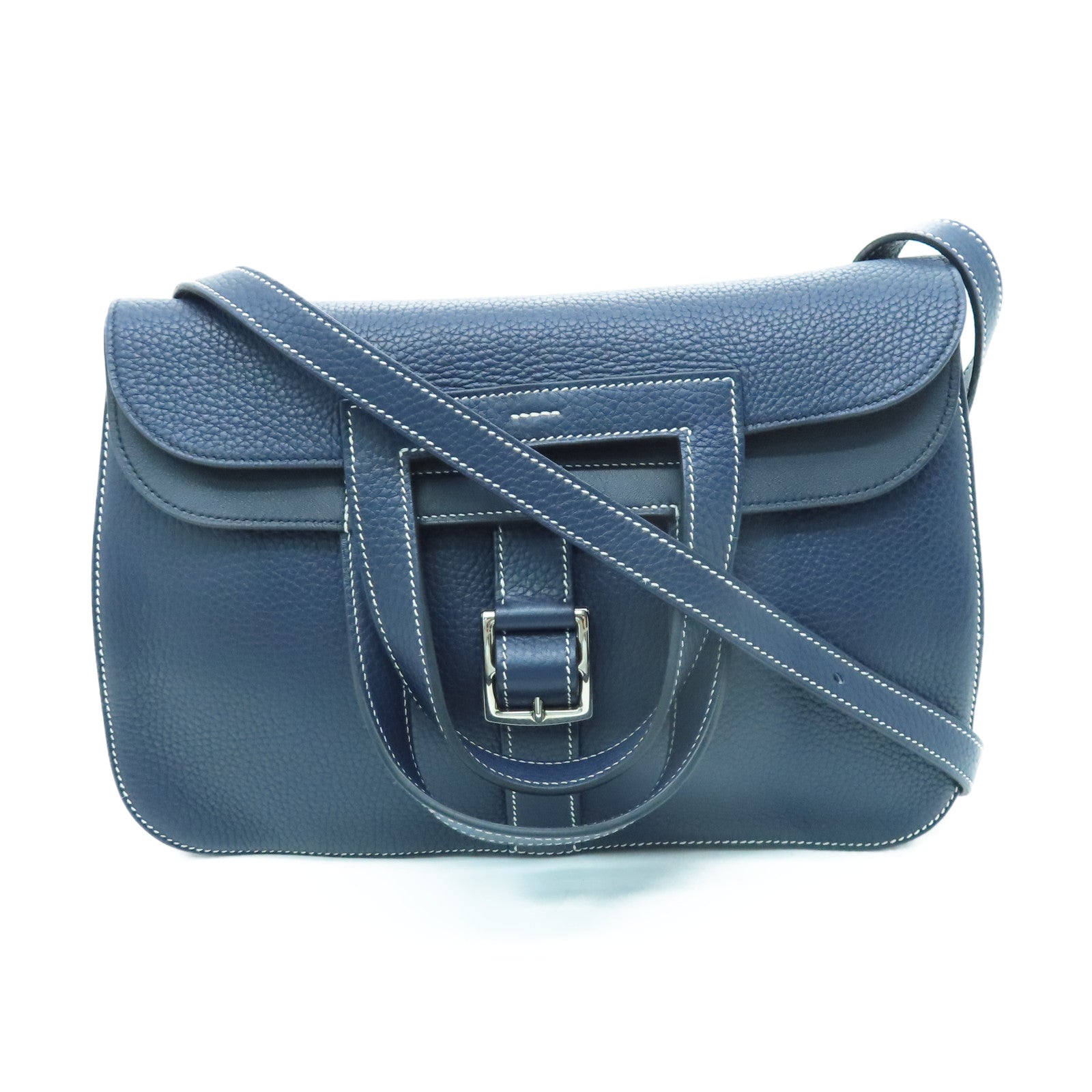 HERMES Taurillon Clemence皮革Halzan 31銀扣手挽肩背兩用袋藍色