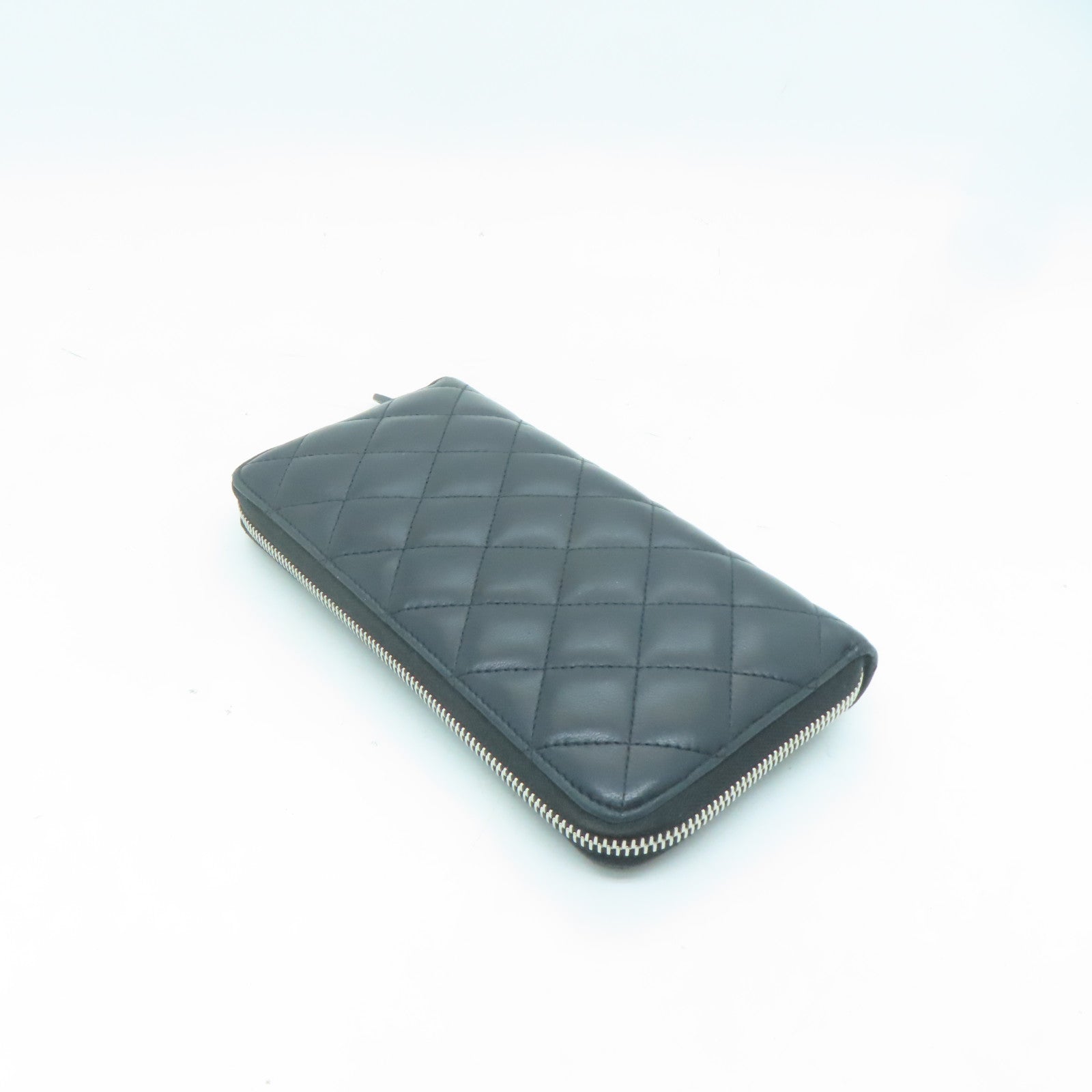 CHANEL 菱格羊皮皮革Long Wallet銀扣長錢包黑色