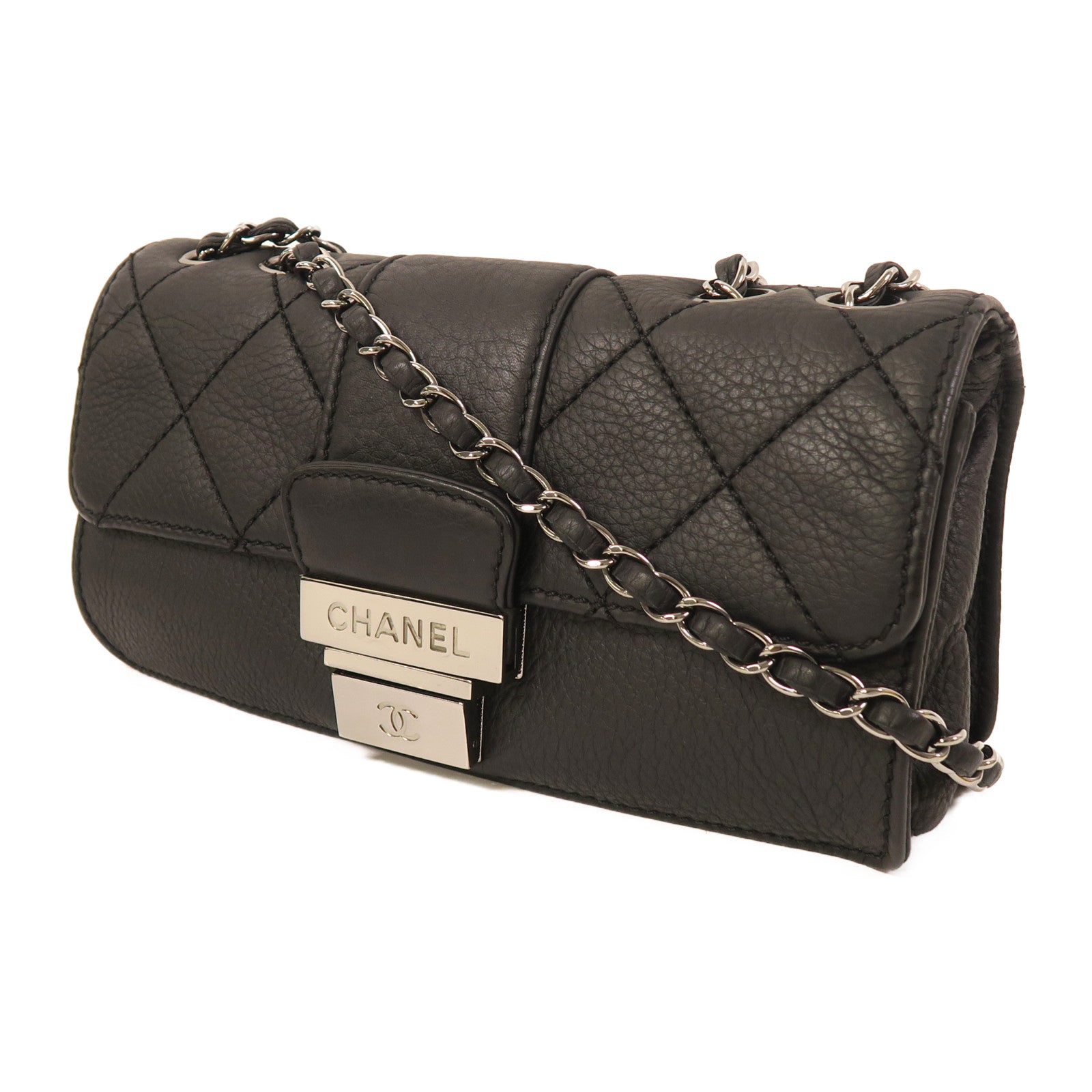 CHANEL 牛皮皮革Chain Shoulder銀扣鏈帶肩背袋黑色