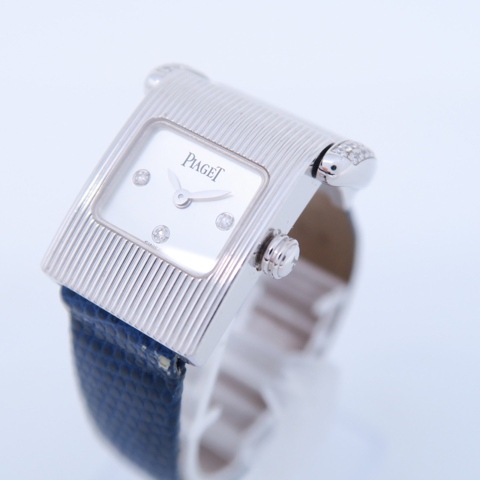 PIAGET 18K白金Protocol石英手錶藍色皮帶#13.5cm