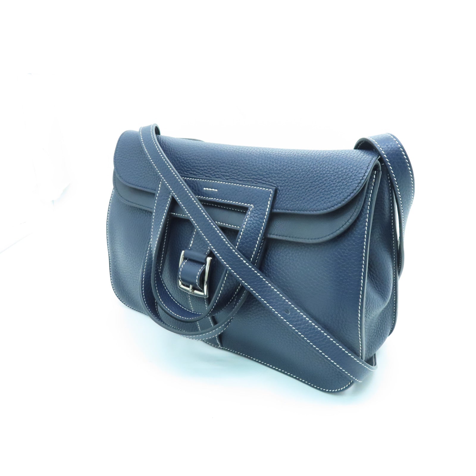 HERMES Taurillon Clemence皮革Halzan 31銀扣手挽肩背兩用袋藍色