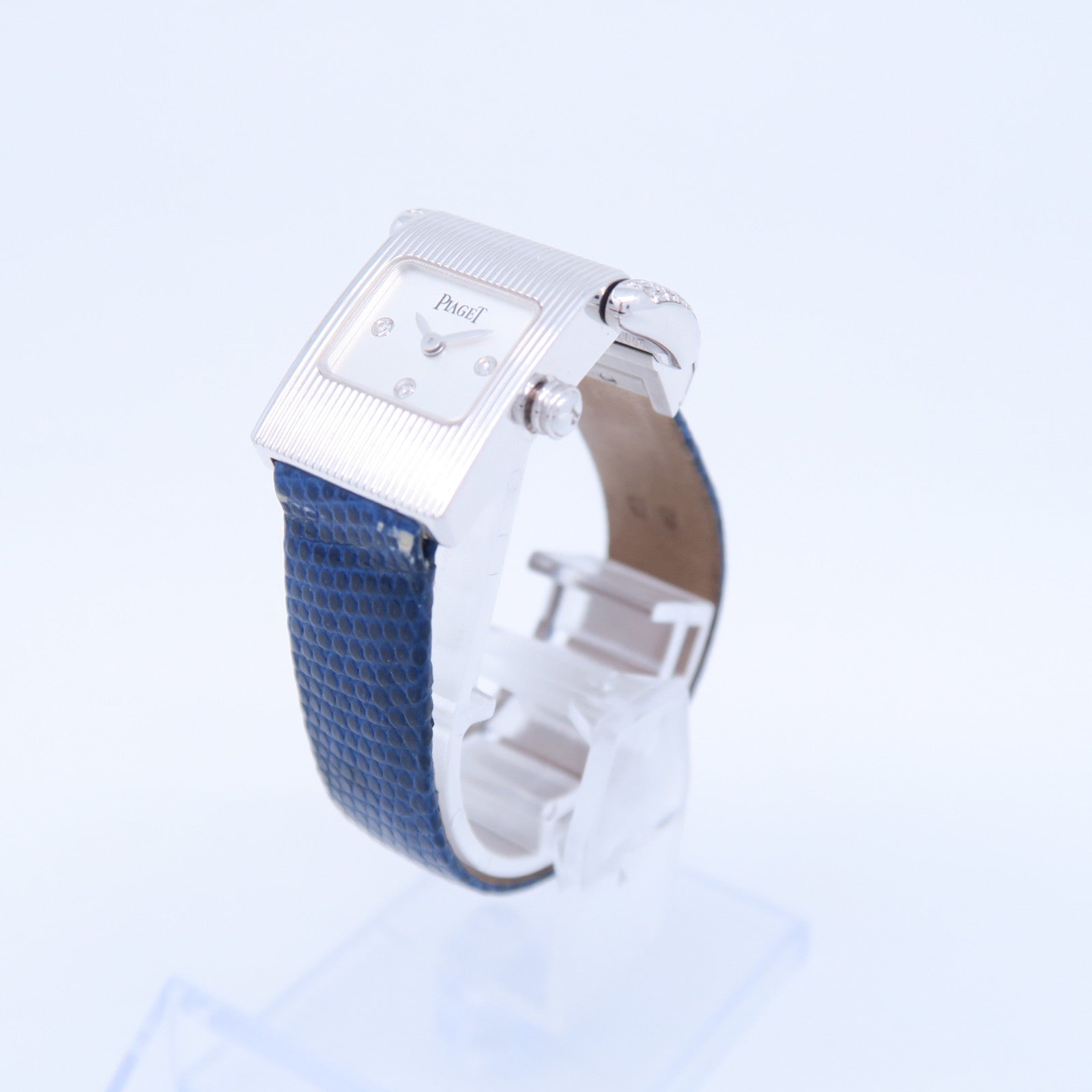 PIAGET 18K白金Protocol石英手錶藍色皮帶#13.5cm