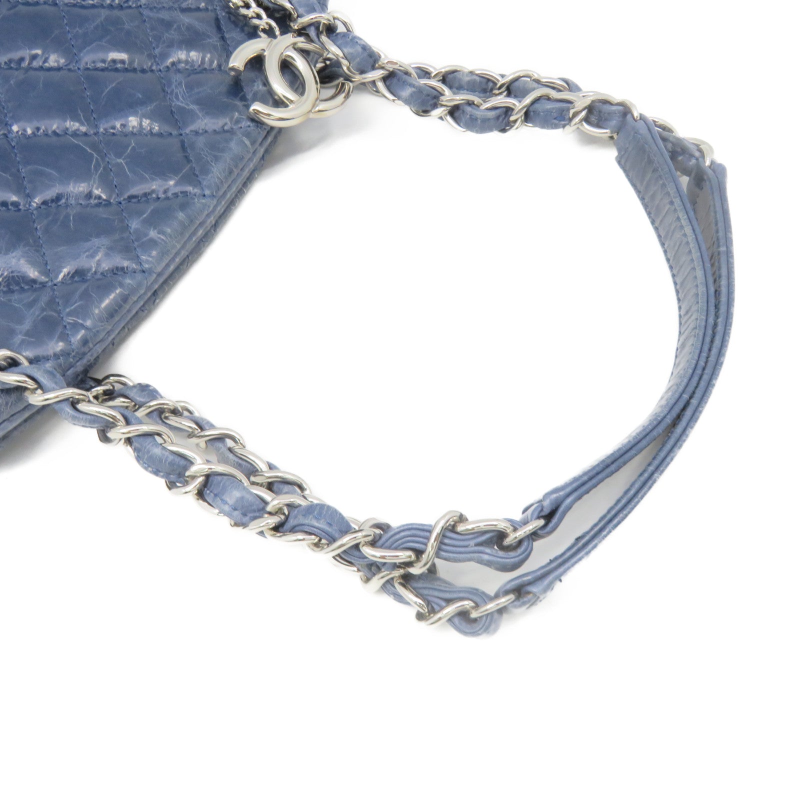 CHANEL 菱格牛皮皮革Chain Shoulder Bag银扣链带肩背袋绿蓝色