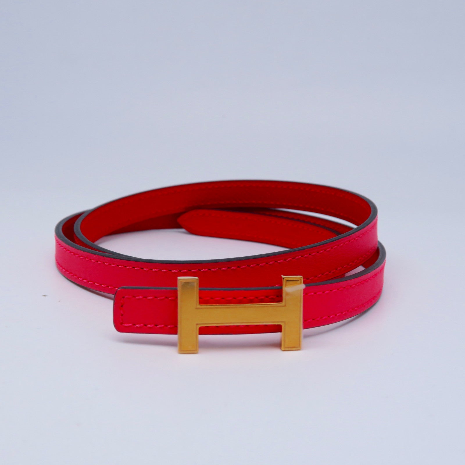 HERMES Epsom/Swift皮革Belt 92cm金扣皮带蕃茄红色/桃色