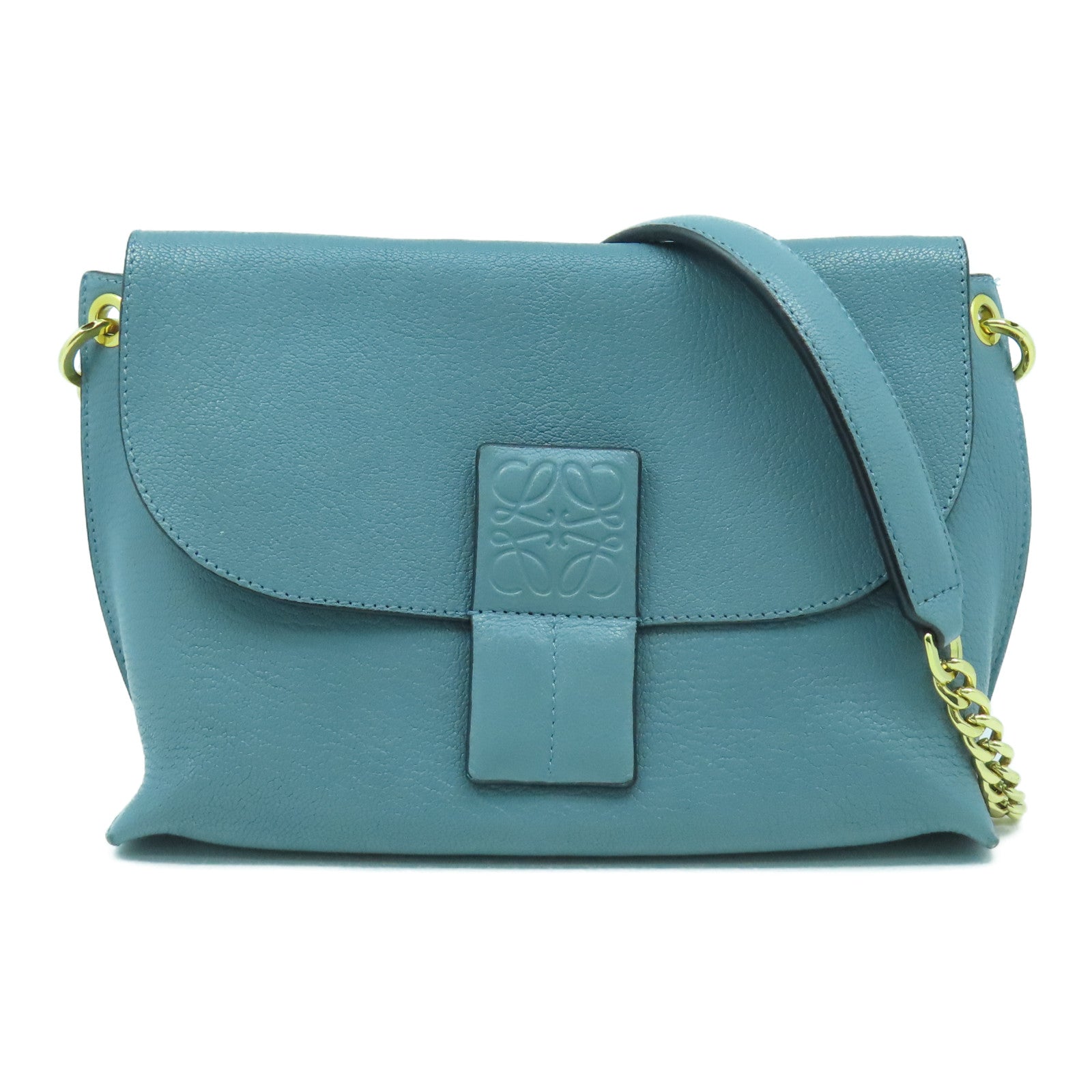 LOEWE 牛皮皮革Avenue Shoulder Bag金扣鏈帶肩背袋淺藍色