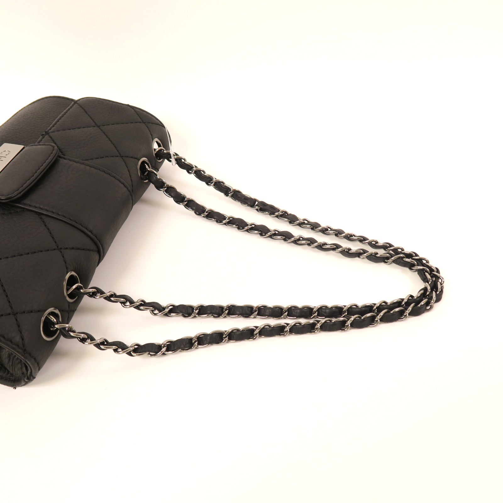 CHANEL 牛皮皮革Chain Shoulder銀扣鏈帶肩背袋黑色