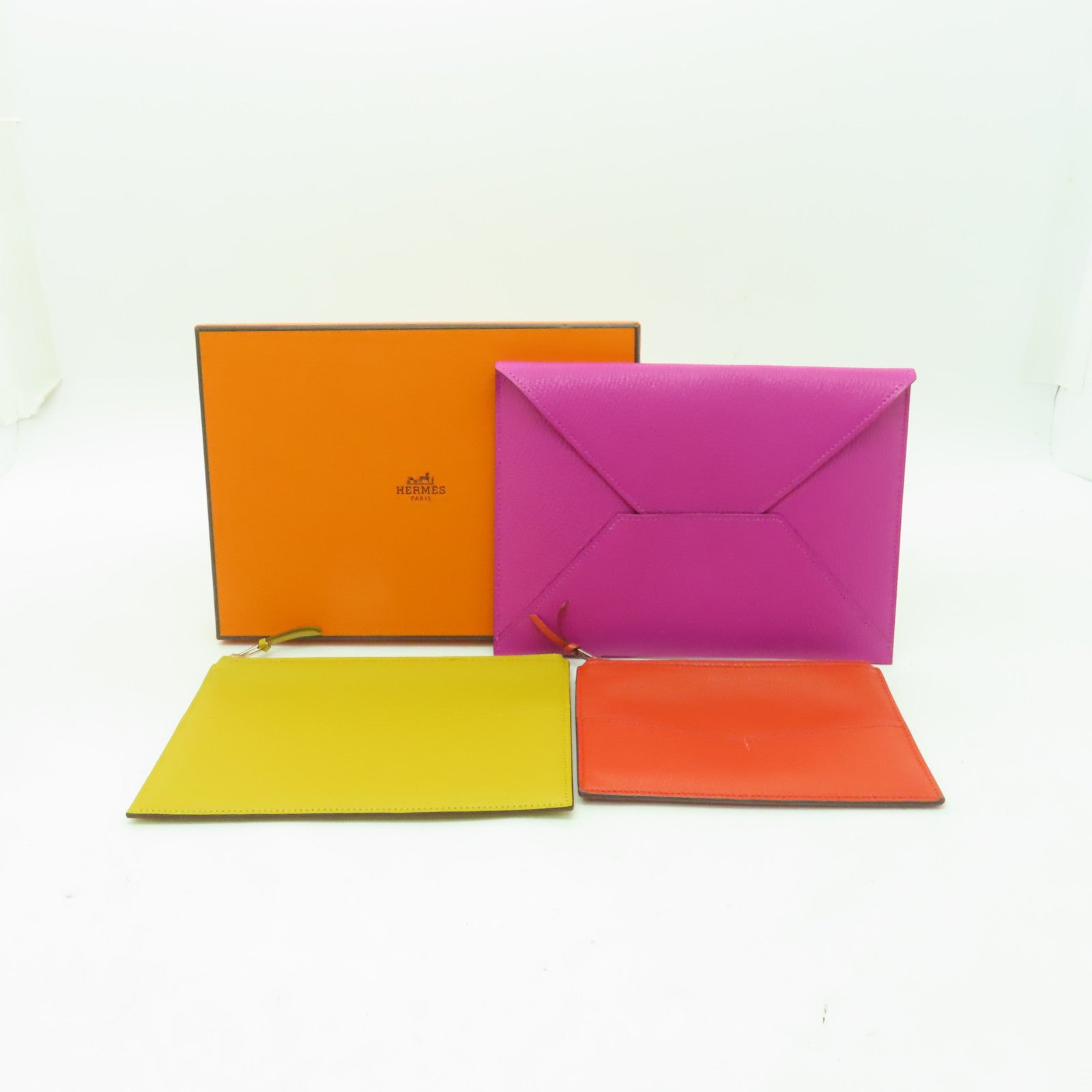 HERMES Chevre皮革Envelope Trio Wallet銀扣手提包紫色/橙色/芥末色