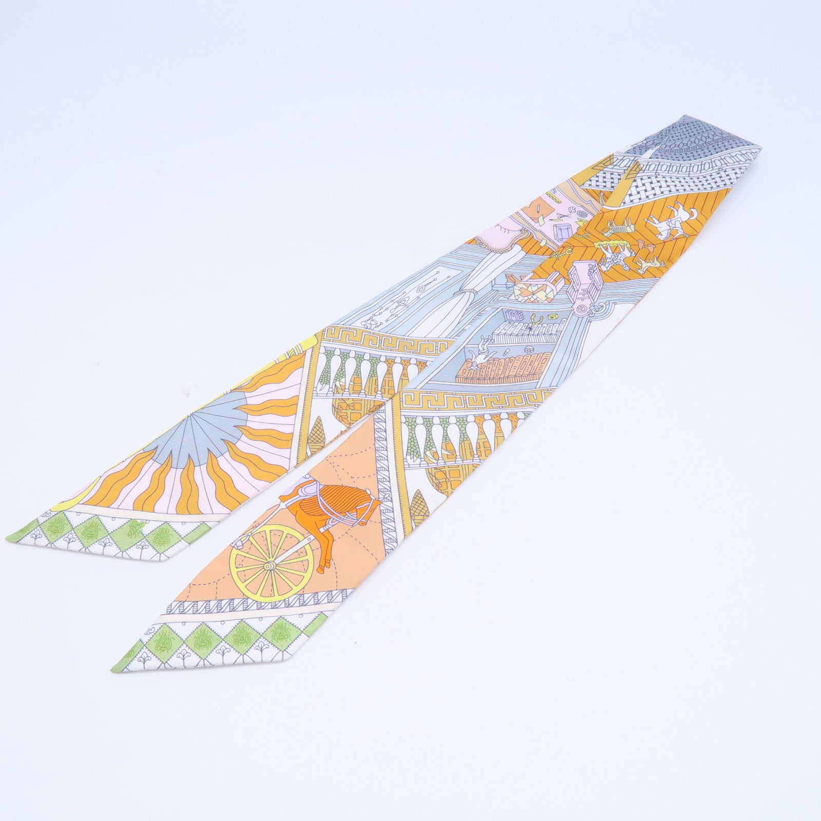 HERMES 【激減優惠】絲質Twilly絲巾白色/淺藍色/黃色/淺綠色