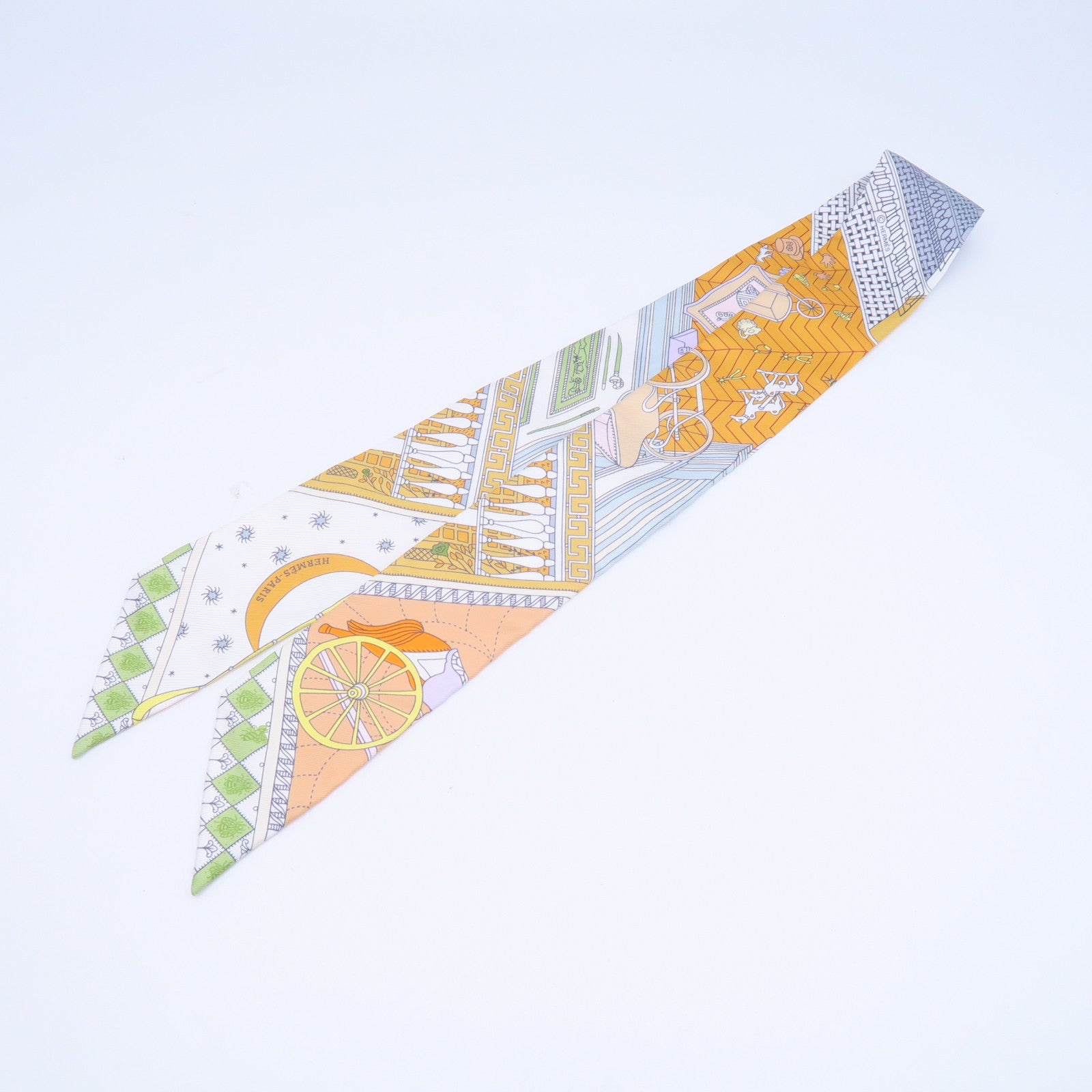 HERMES 【激減優惠】絲質Twilly絲巾白色/淺藍色/黃色/淺綠色