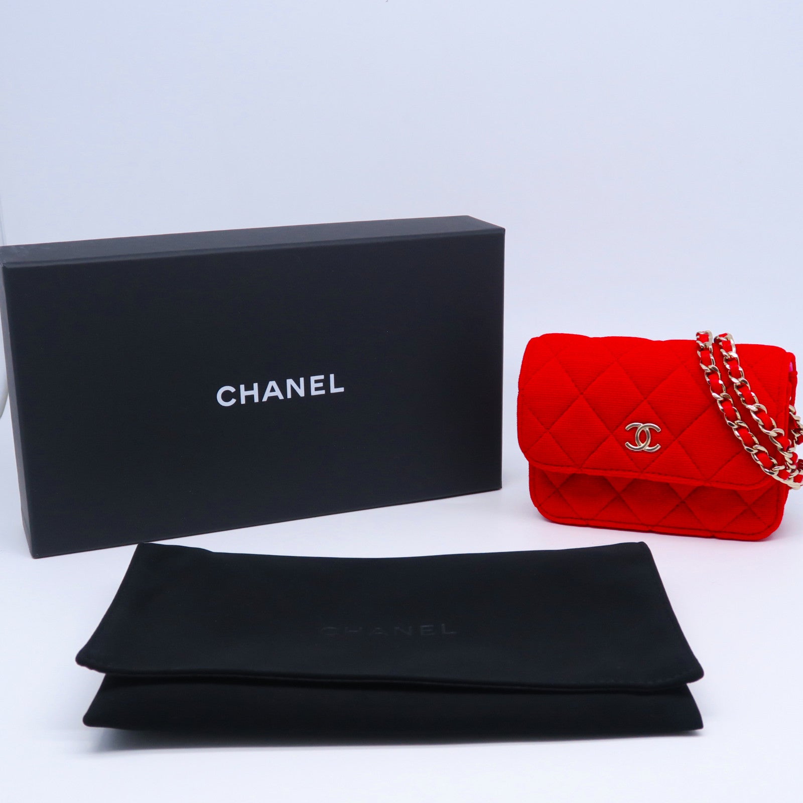 CHANEL 【激減優惠】菱格帆布Card Case With Chain金扣肩背袋紅色