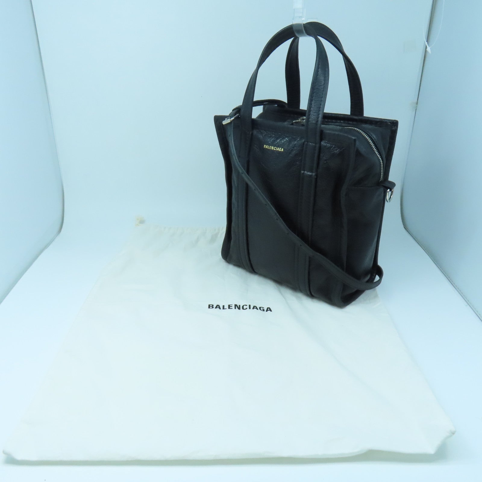 BALENCIAGA Cowhide Leather Shopper Bazar Silver Buckle Handle Shoulder Backpack Black