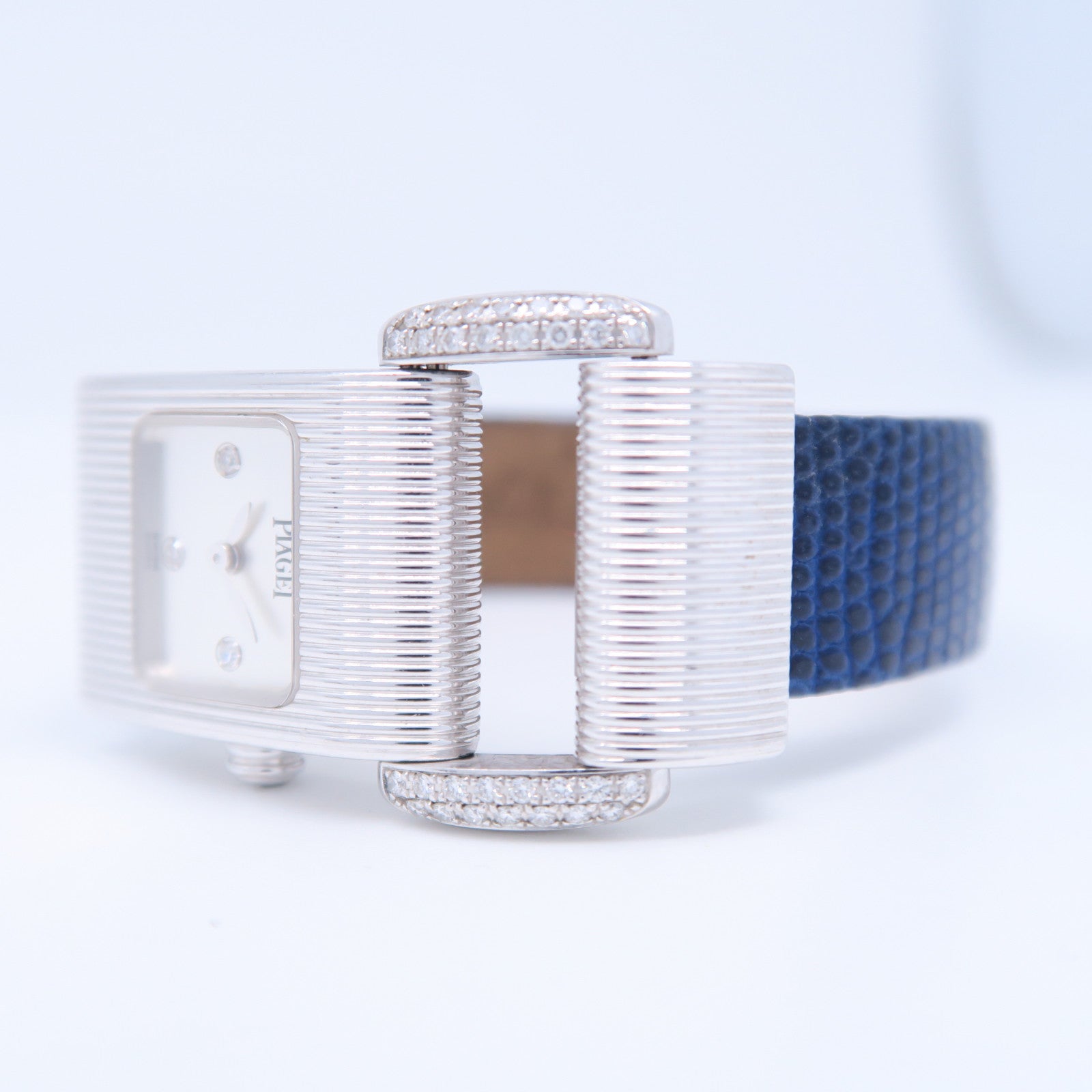 PIAGET 18K白金Protocol石英手錶藍色皮帶#13.5cm