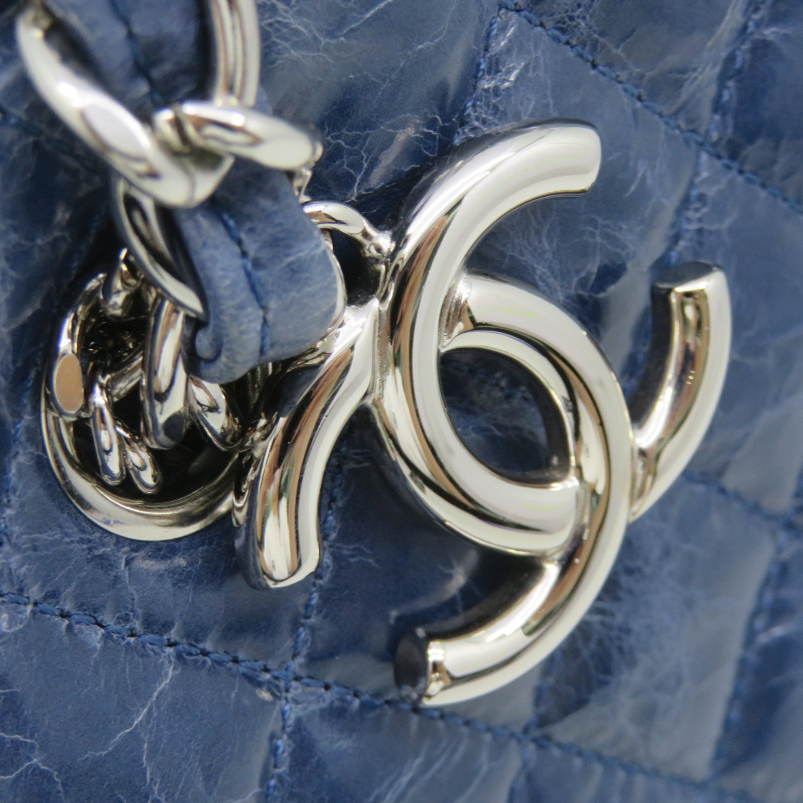 CHANEL 菱格牛皮皮革Chain Shoulder Bag银扣链带肩背袋绿蓝色