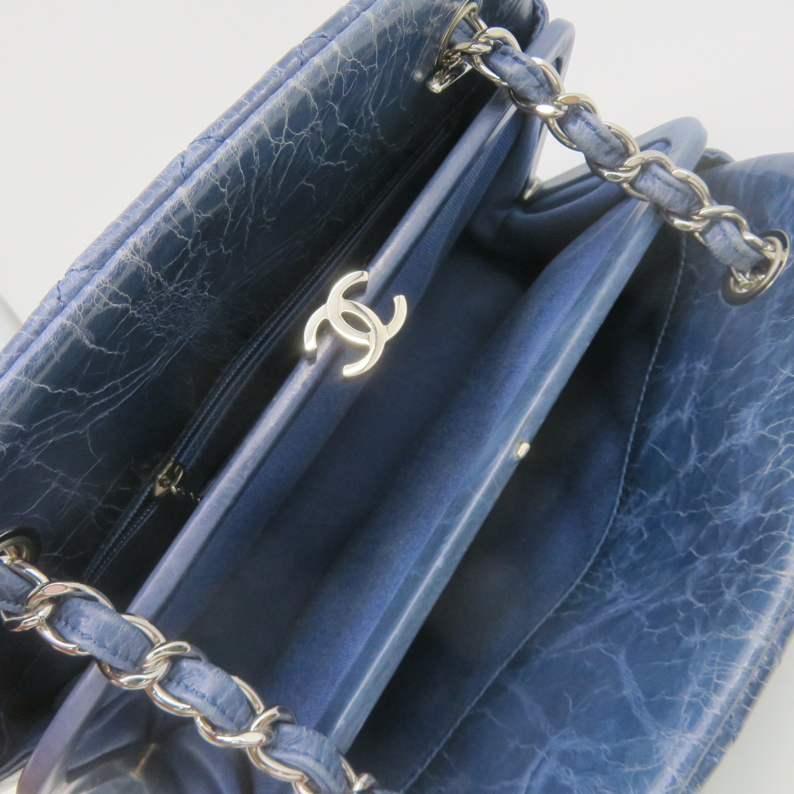 CHANEL 菱格牛皮皮革Chain Shoulder Bag银扣链带肩背袋绿蓝色