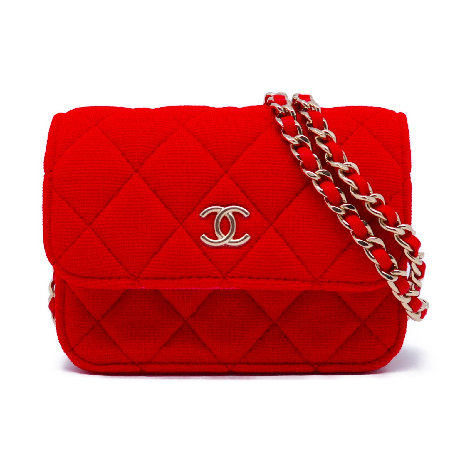CHANEL 【激減優惠】菱格帆布Card Case With Chain金扣肩背袋紅色