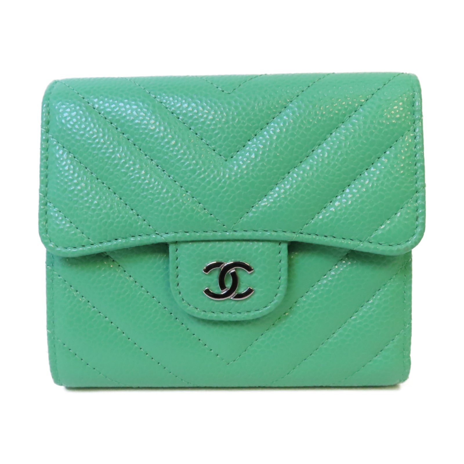 CHANEL 斜紋牛皮皮革Fold Wallet銀扣錢包綠色