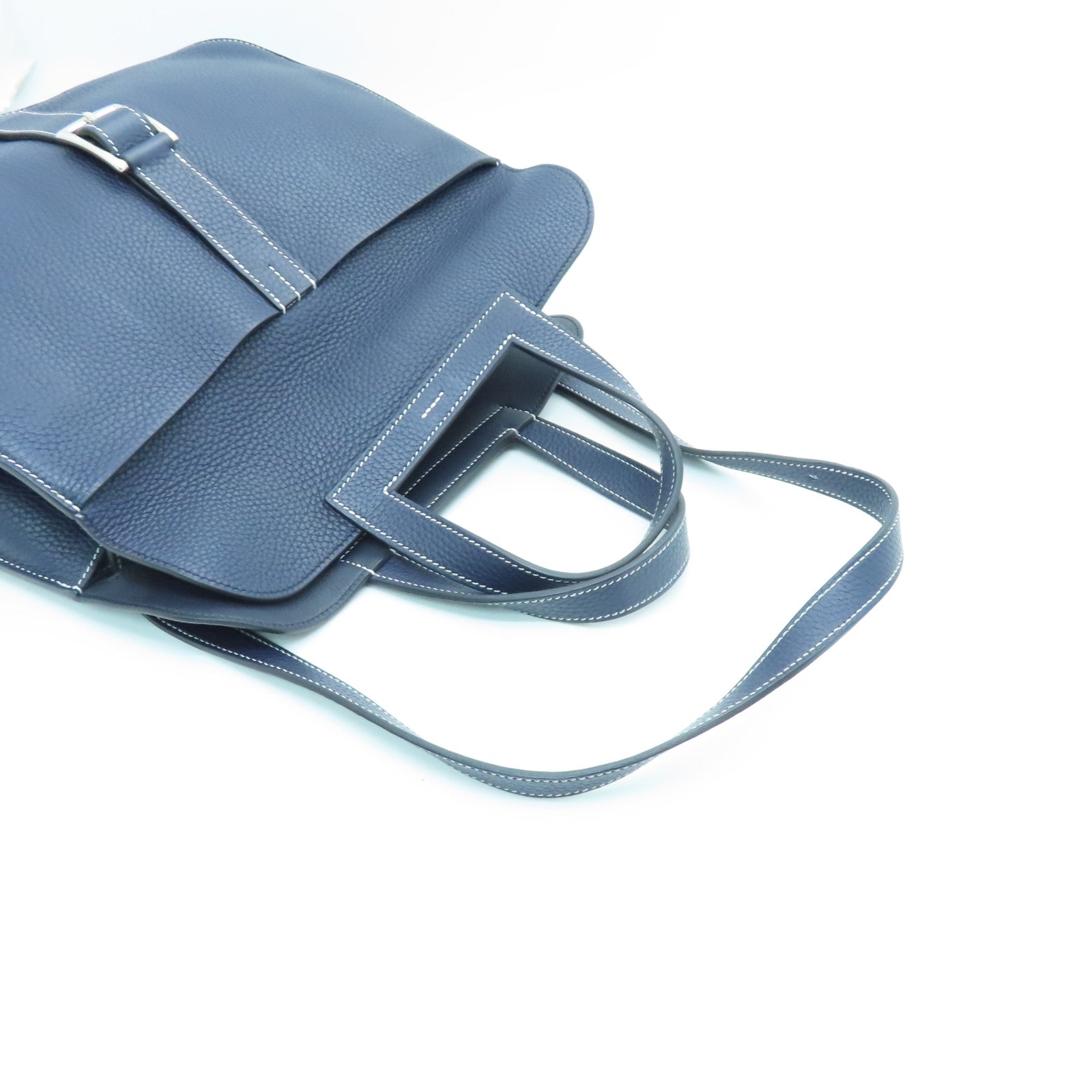 HERMES Taurillon Clemence皮革Halzan 31銀扣手挽肩背兩用袋藍色