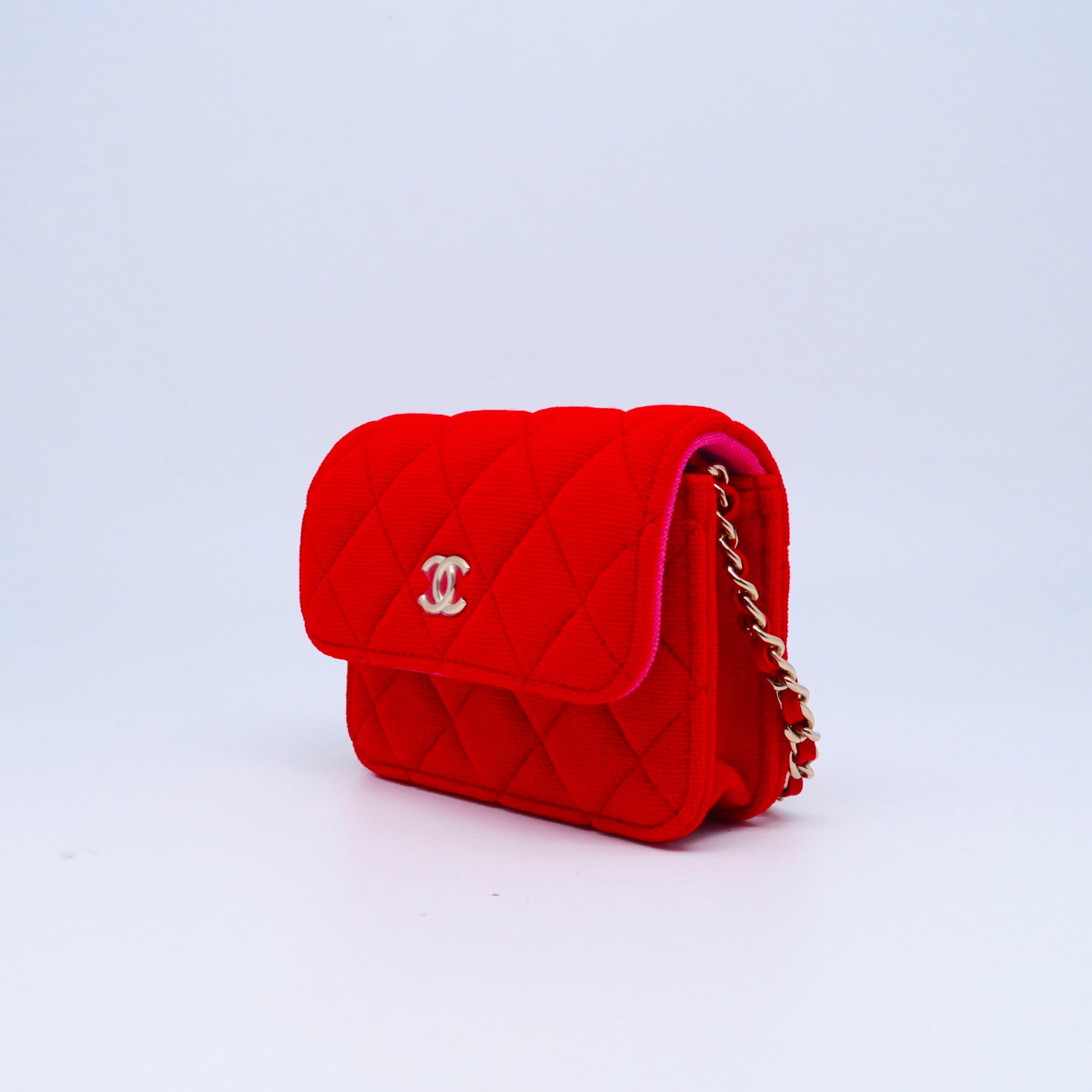 CHANEL 【激減優惠】菱格帆布Card Case With Chain金扣肩背袋紅色