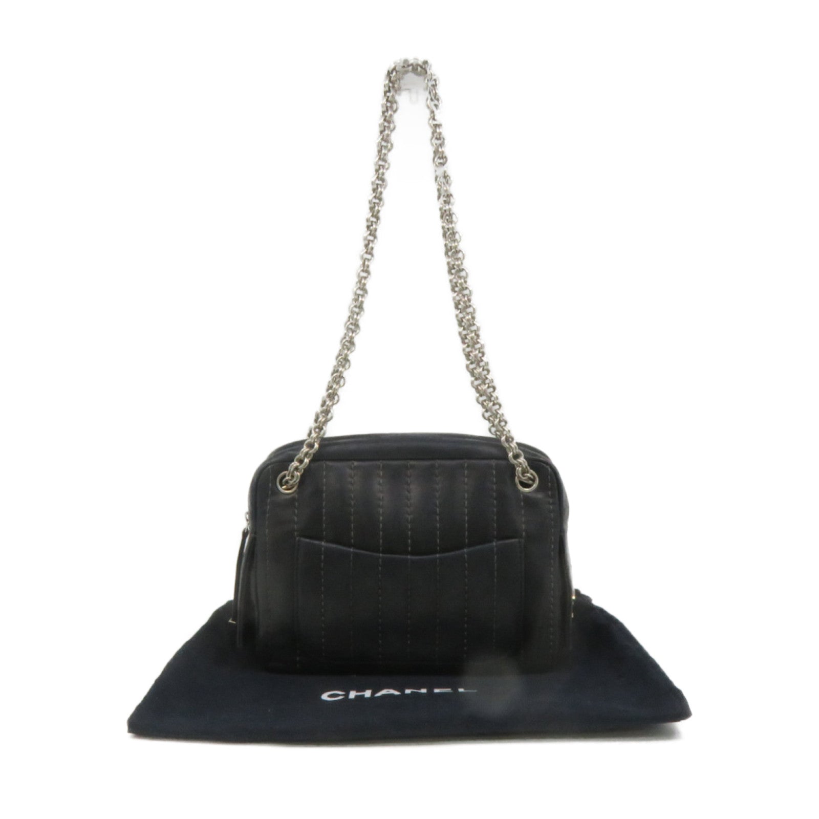 CHANEL 羊皮皮革Chain Shoulder Bag銀扣鏈帶肩背袋黑色