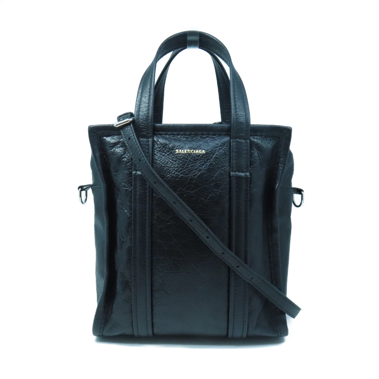 BALENCIAGA Cowhide Leather Shopper Bazar Silver Buckle Handle Shoulder Backpack Black