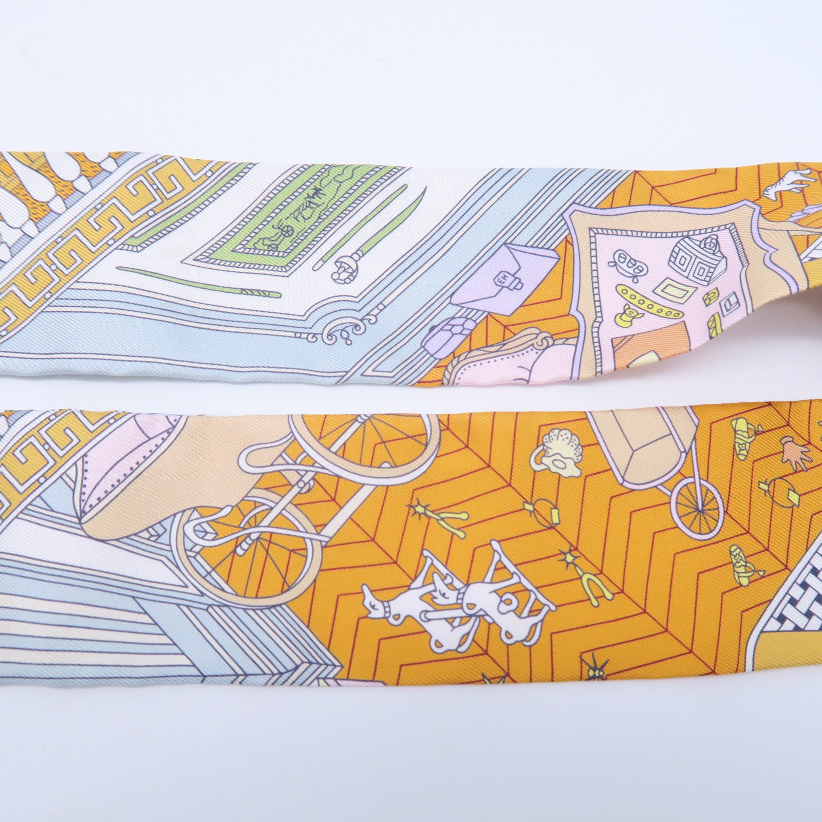 HERMES 【激減優惠】絲質Twilly絲巾白色/淺藍色/黃色/淺綠色