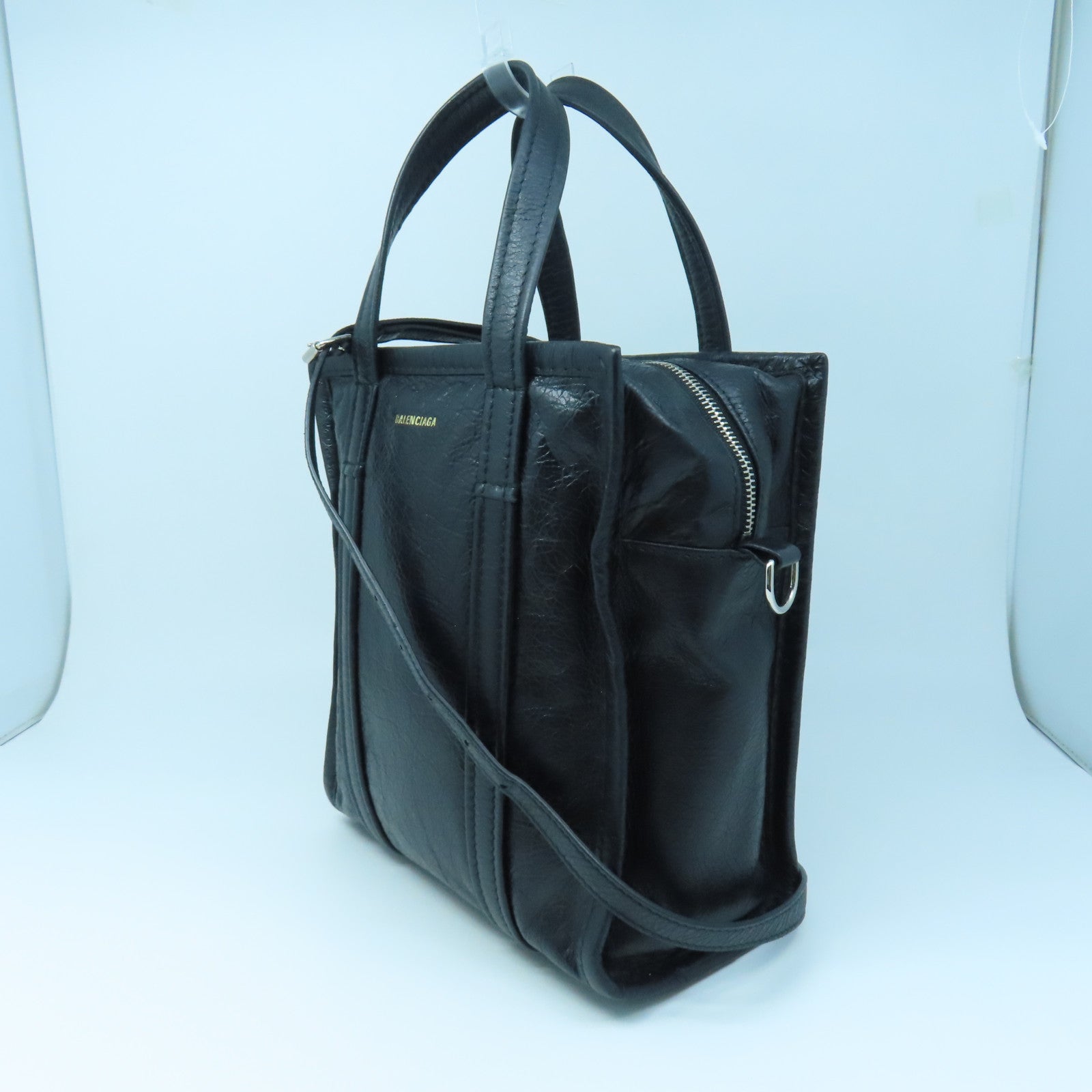 BALENCIAGA Cowhide Leather Shopper Bazar Silver Buckle Handle Shoulder Backpack Black