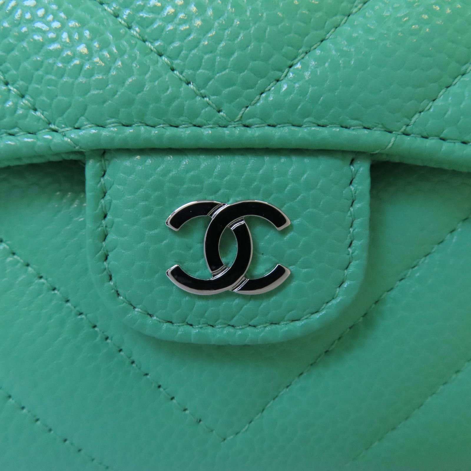 CHANEL 斜紋牛皮皮革Fold Wallet銀扣錢包綠色