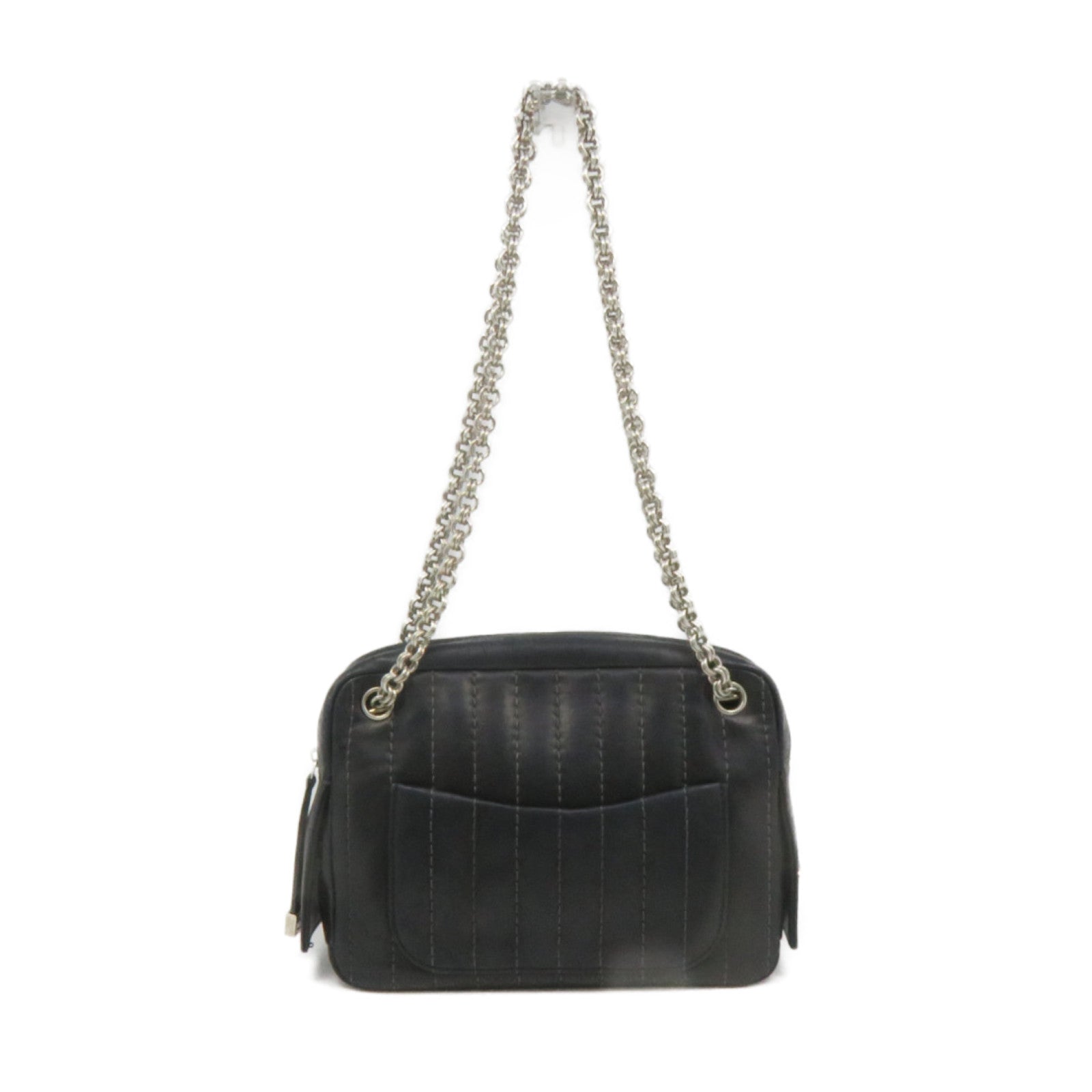 CHANEL 羊皮皮革Chain Shoulder Bag銀扣鏈帶肩背袋黑色