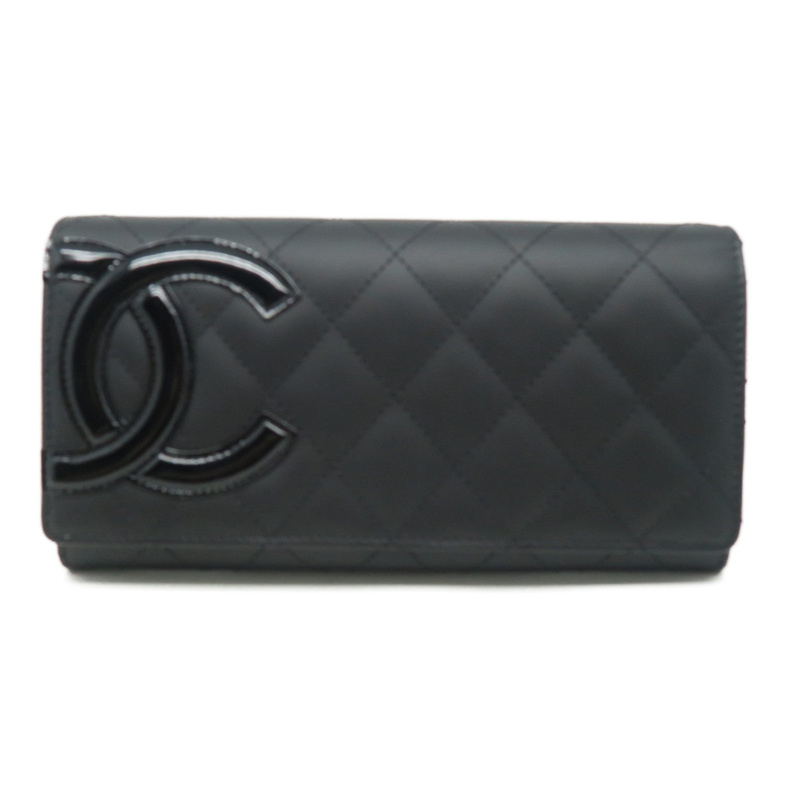 CHANEL 菱格牛皮皮革Cambon Wallet銀扣長錢包黑色