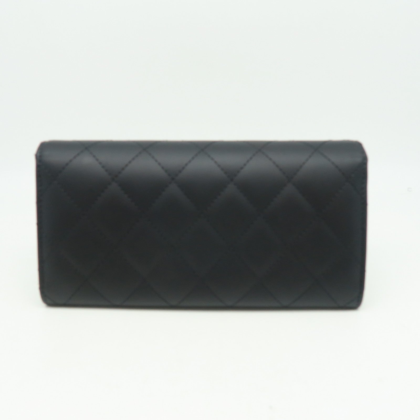 CHANEL 菱格牛皮皮革Cambon Wallet銀扣長錢包黑色