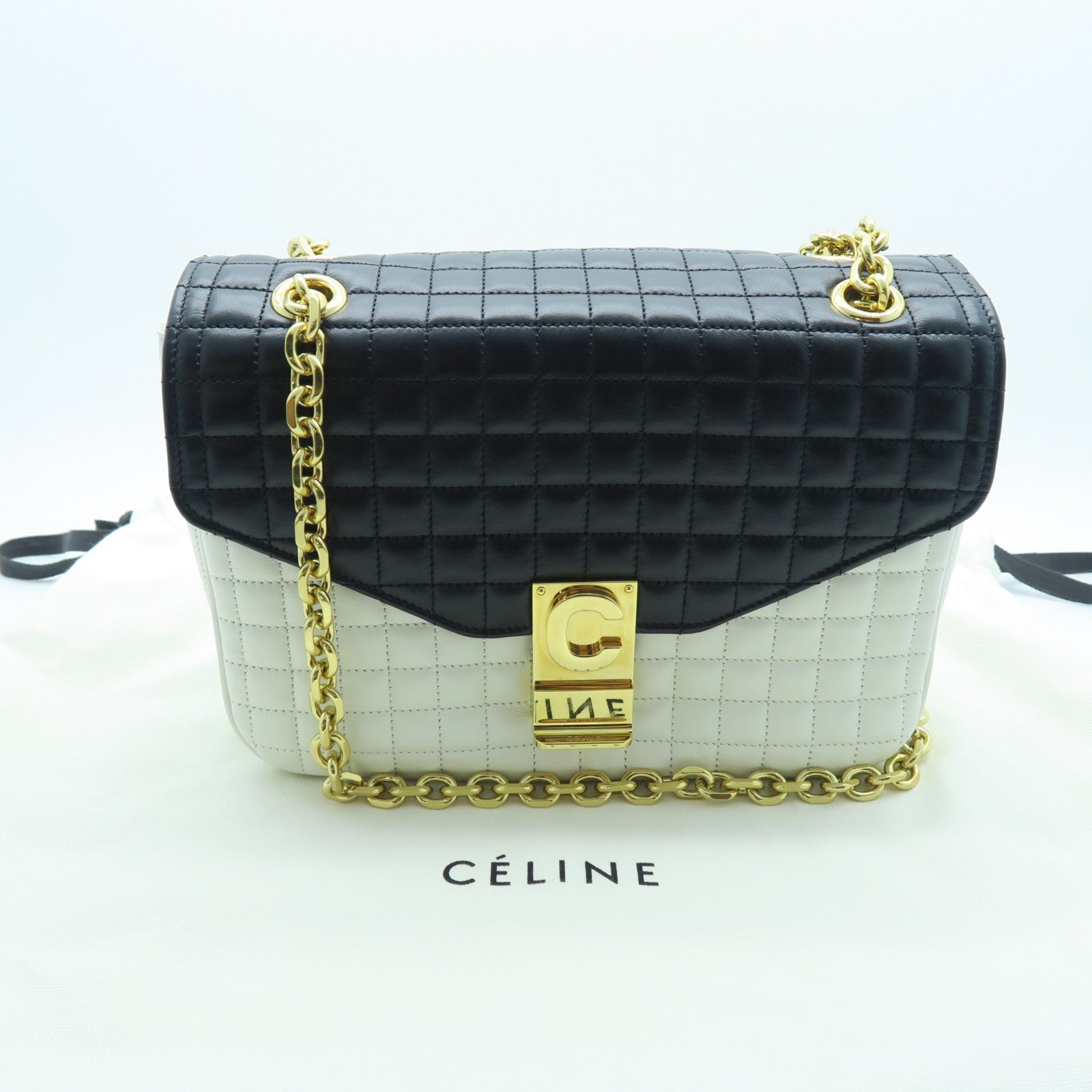 CELINE 牛皮皮革Chain Shoulder金扣鏈帶肩背袋黑色/白色