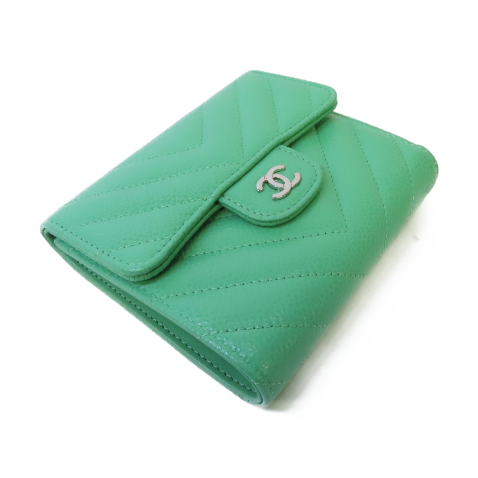 CHANEL 斜紋牛皮皮革Fold Wallet銀扣錢包綠色