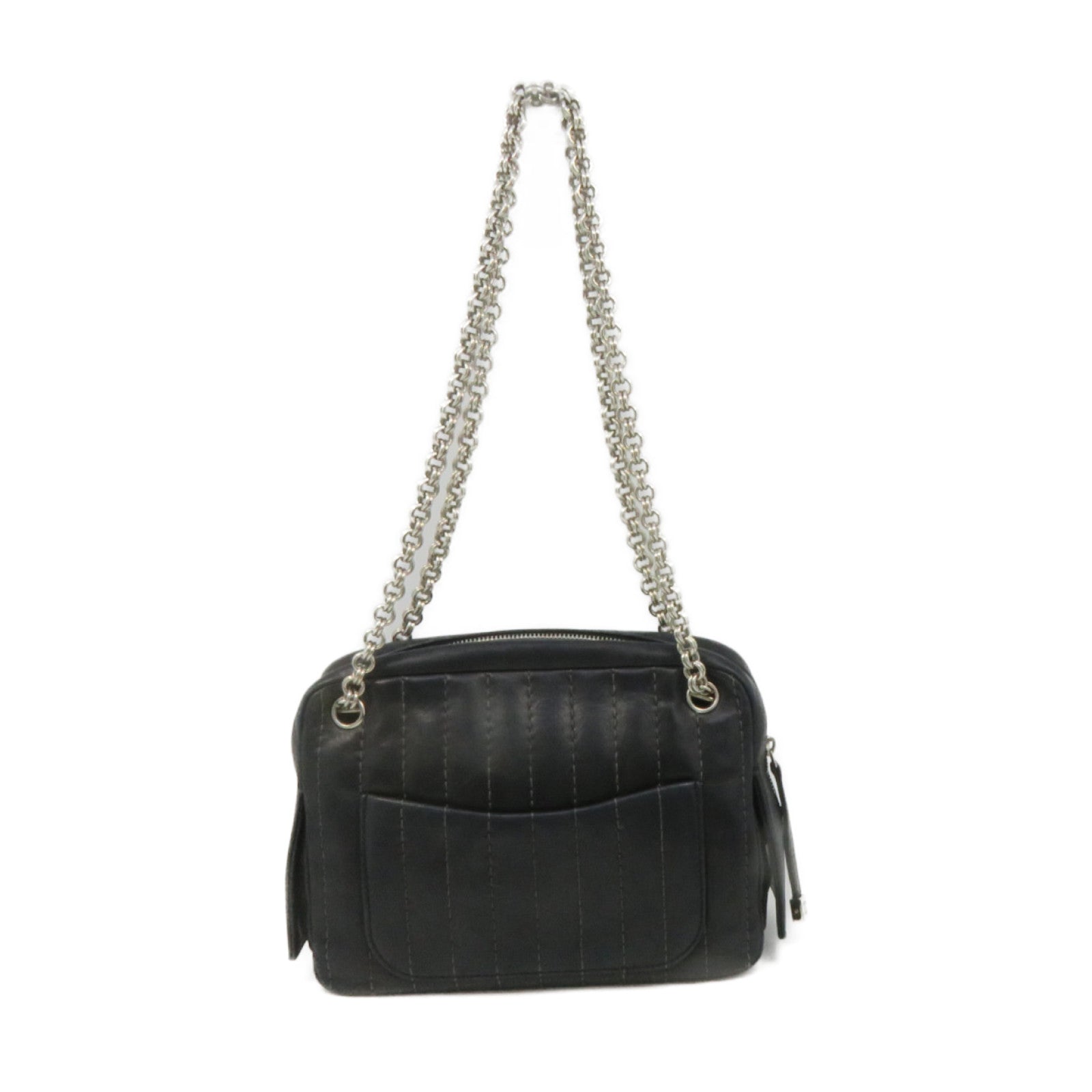 CHANEL 羊皮皮革Chain Shoulder Bag銀扣鏈帶肩背袋黑色