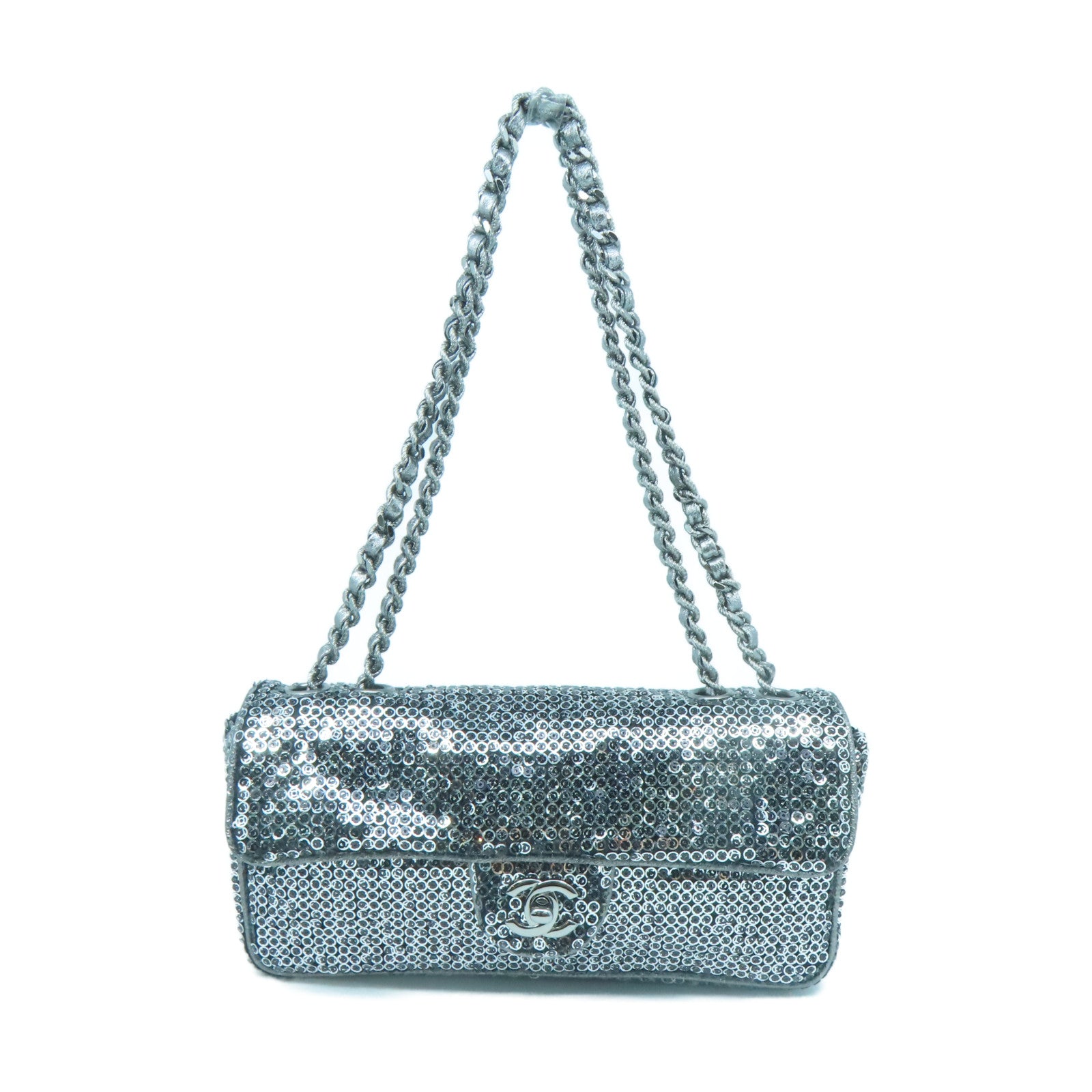 CHANEL beads Chain Shoulder silver buckle shoulder bag silver