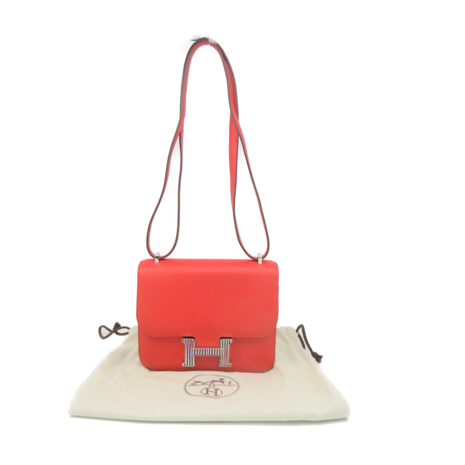 HERMES 【激減優惠】Evercolor皮革Constance Mini Shoulder Bag銀扣肩背袋Capucine火焰紅色