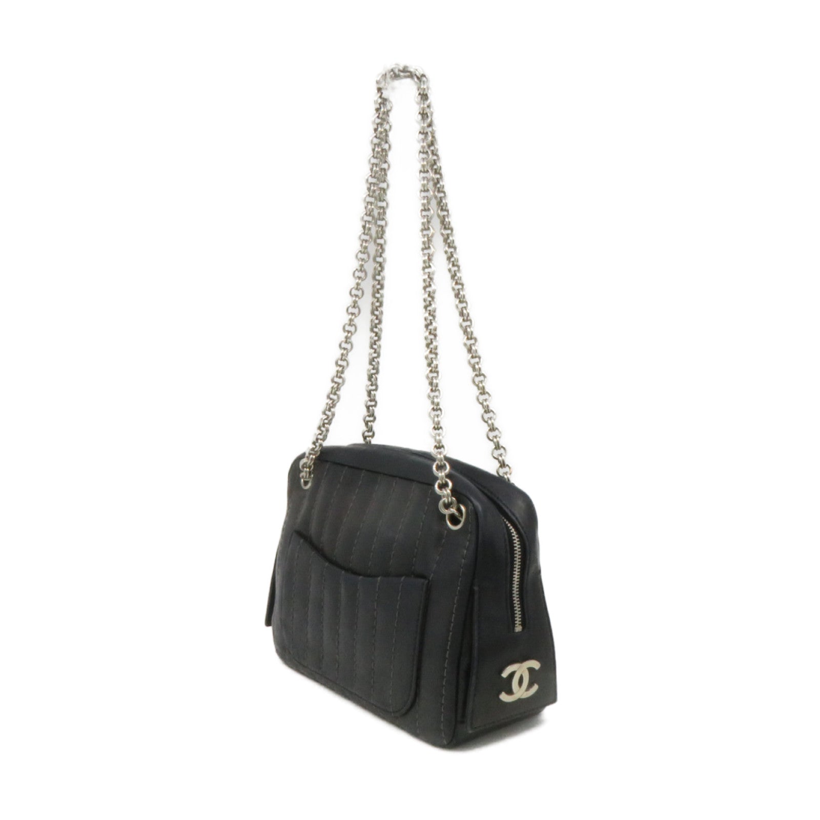 CHANEL 羊皮皮革Chain Shoulder Bag銀扣鏈帶肩背袋黑色